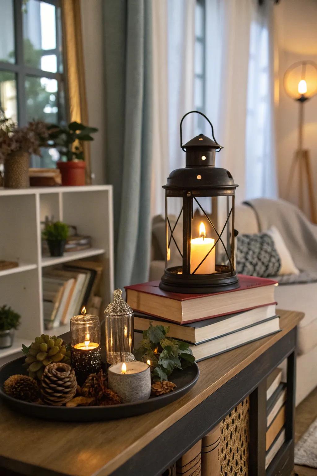 Layer lanterns with books for a curated decor.