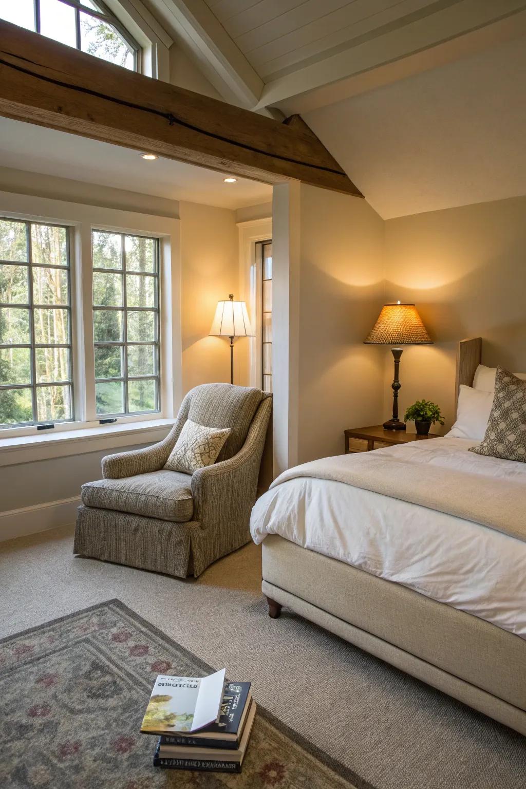 An intimate reading nook provides a cozy sanctuary within this expansive bedroom.