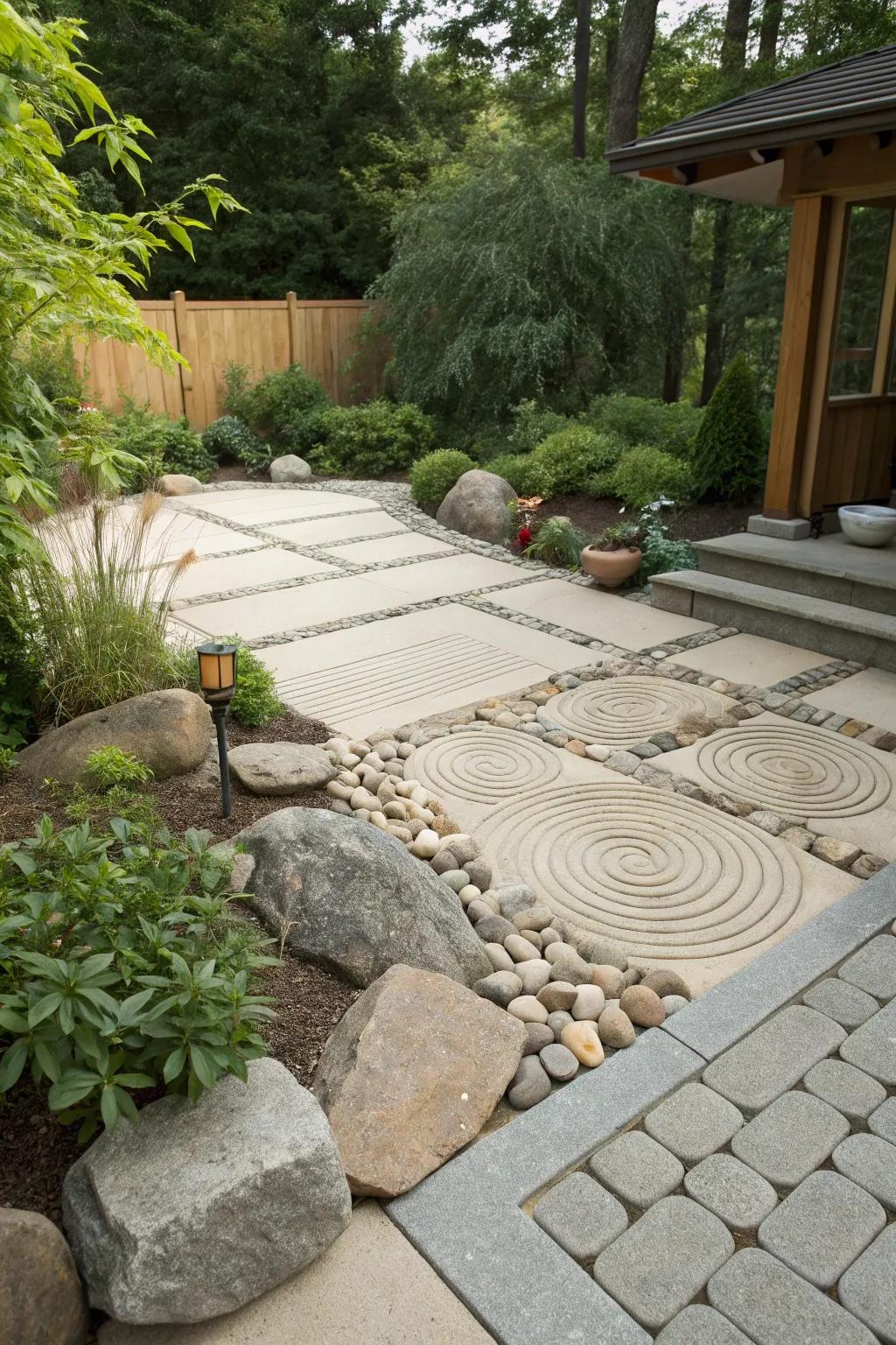 A Zen garden adds tranquility and contemplation to this patio.