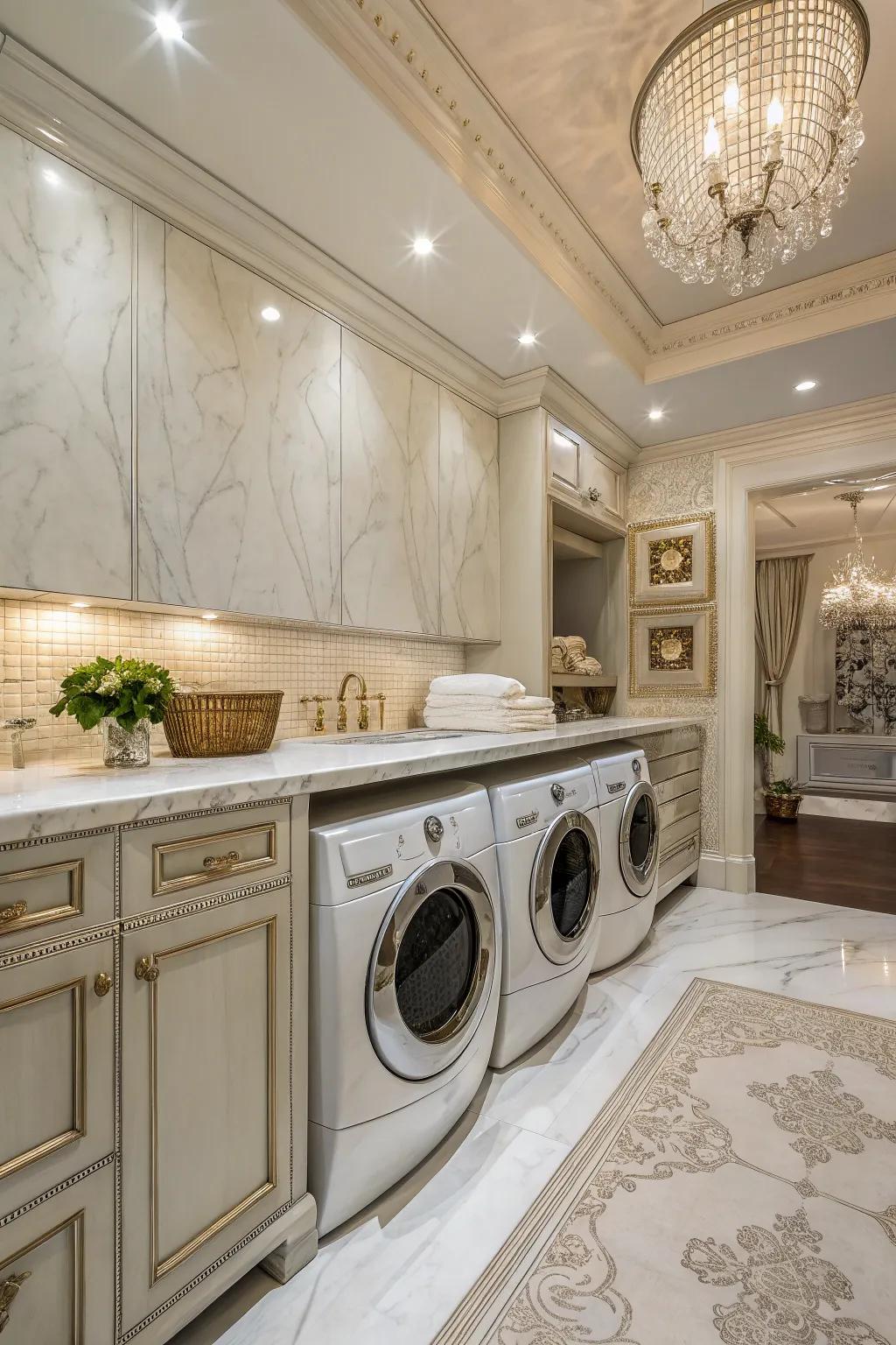 A luxurious laundry space with marble surfaces.
