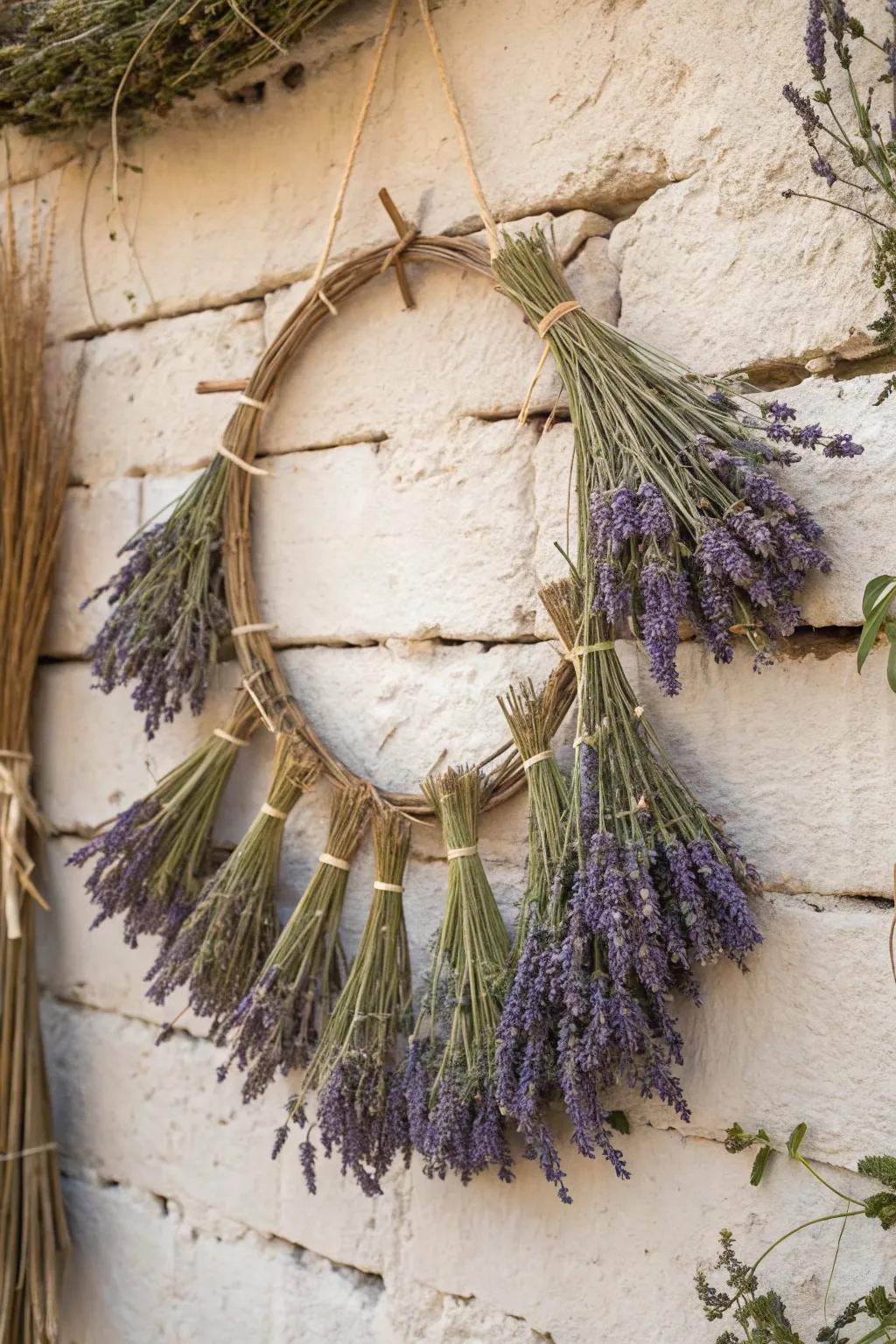 Textured splendor using lavender-themed wall mounts.
