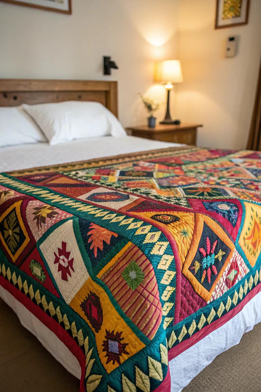 A cultural textile quilt adding a global touch to the bedding.
