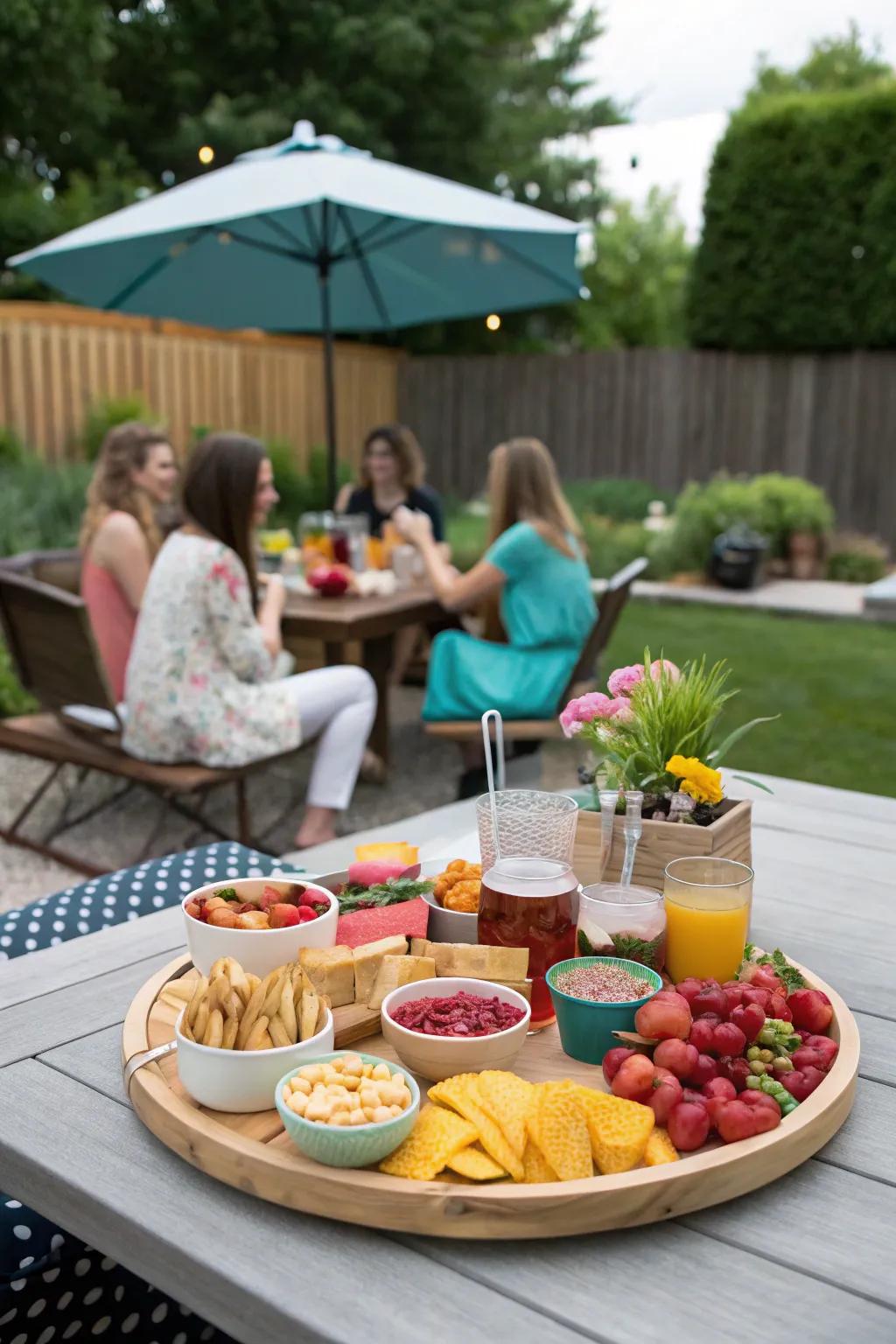 An outdoor entertaining layout showcasing a lazy Susan.