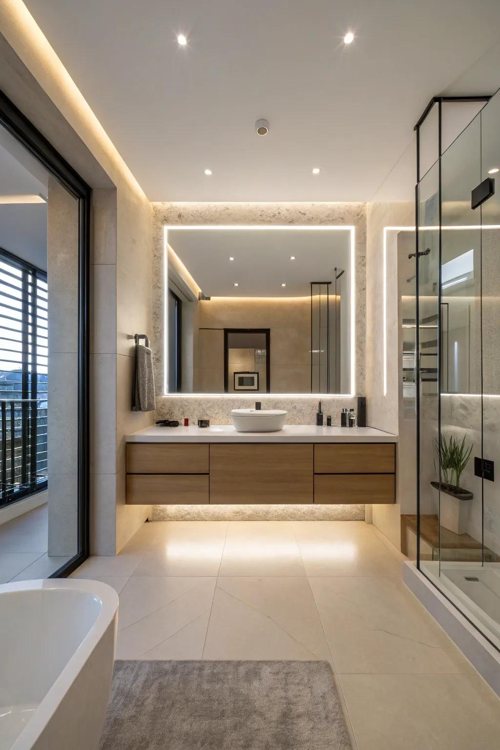 A modern washroom featuring an illuminated reflection that fashions a levitating illusion.