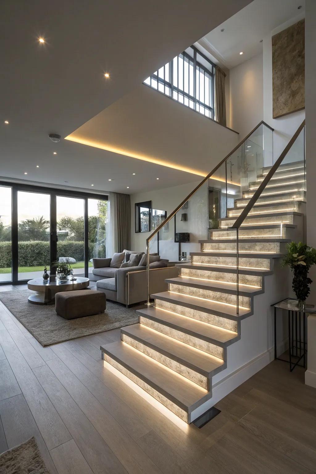 Stylish and safe integrated LED stair illumination.