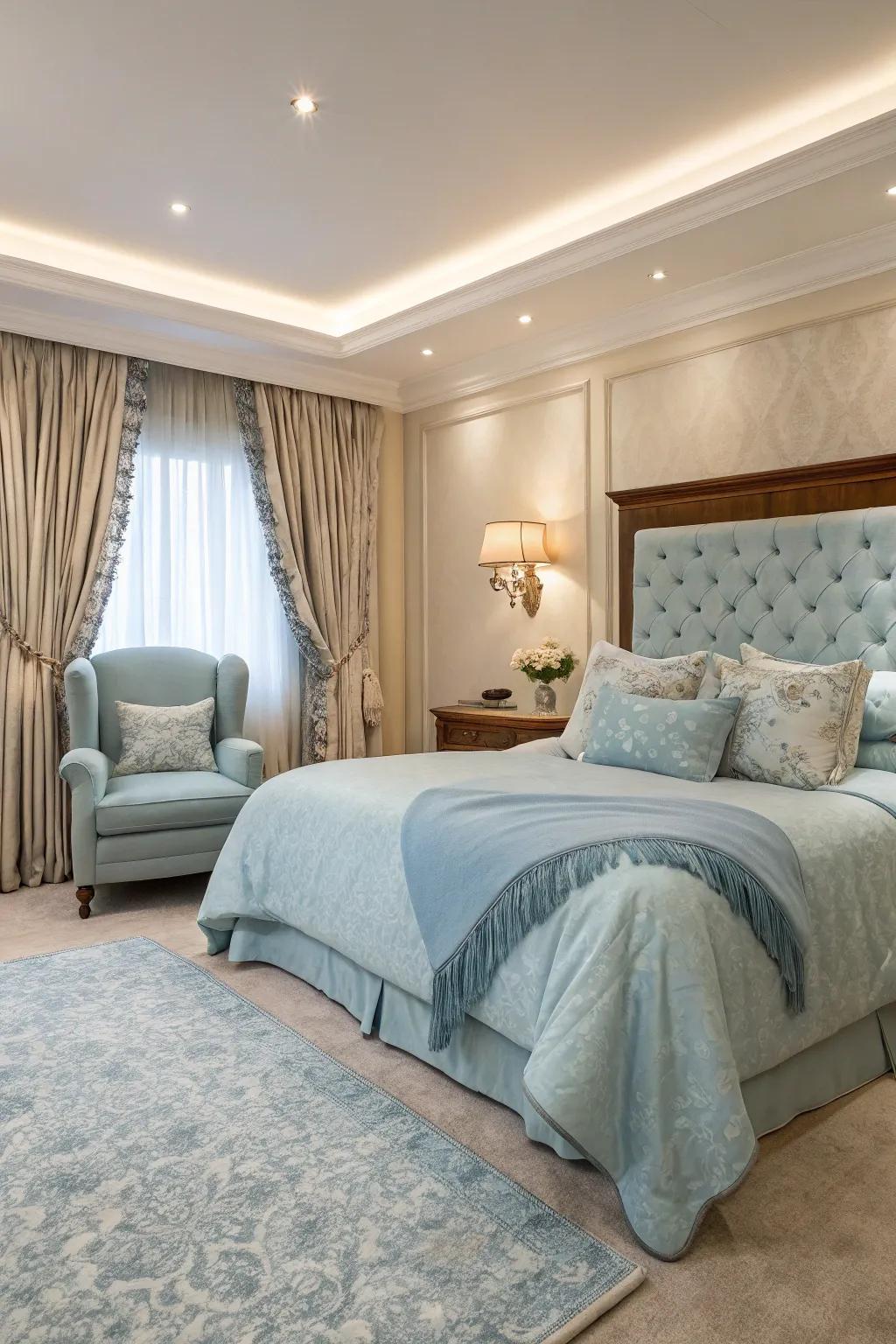 A luxurious bedroom showcases light blue tones with plush textiles for added comfort.