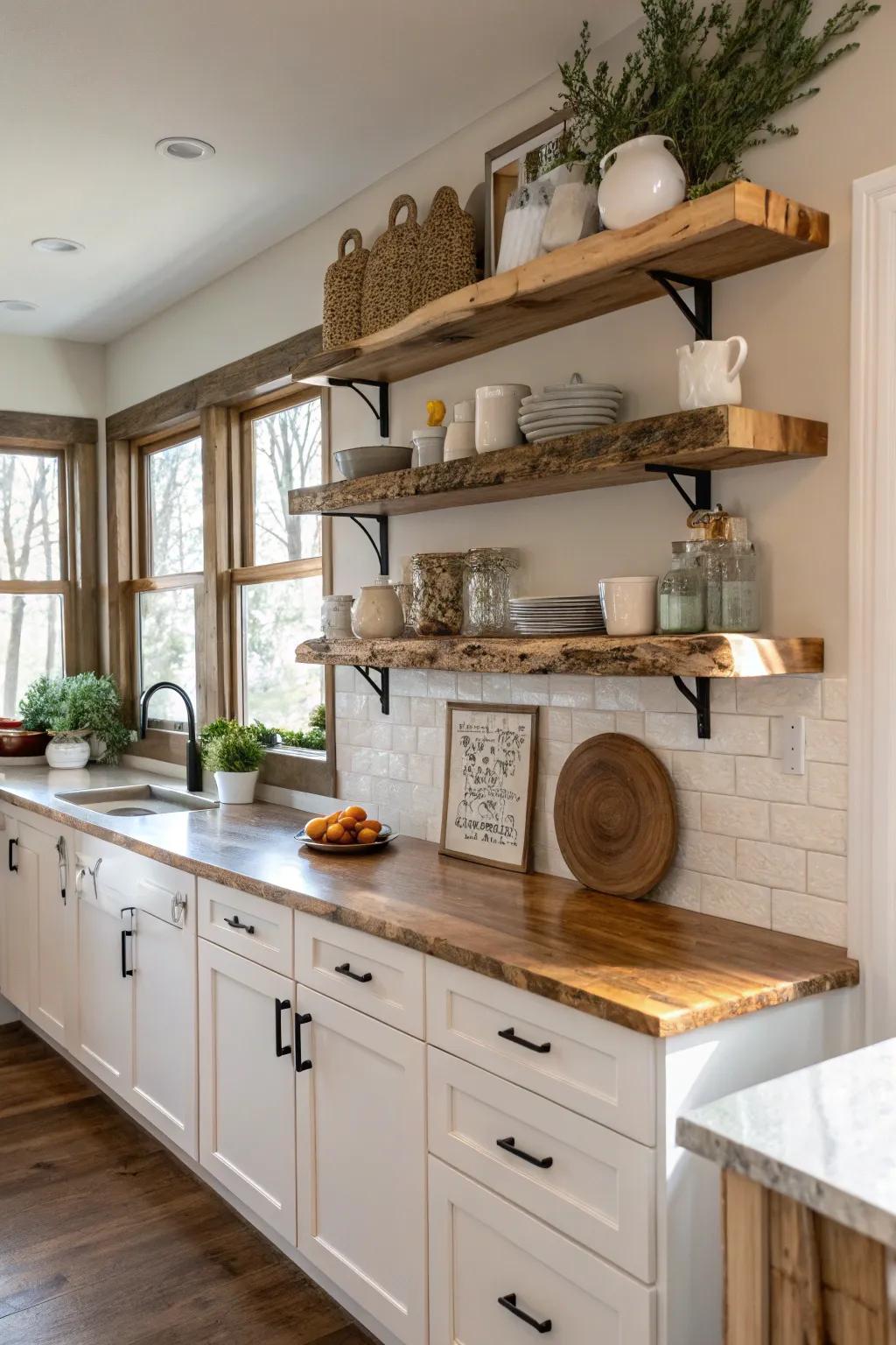 Natural-edge shelving enhancing a cohesive and organic touch to the cooking area.