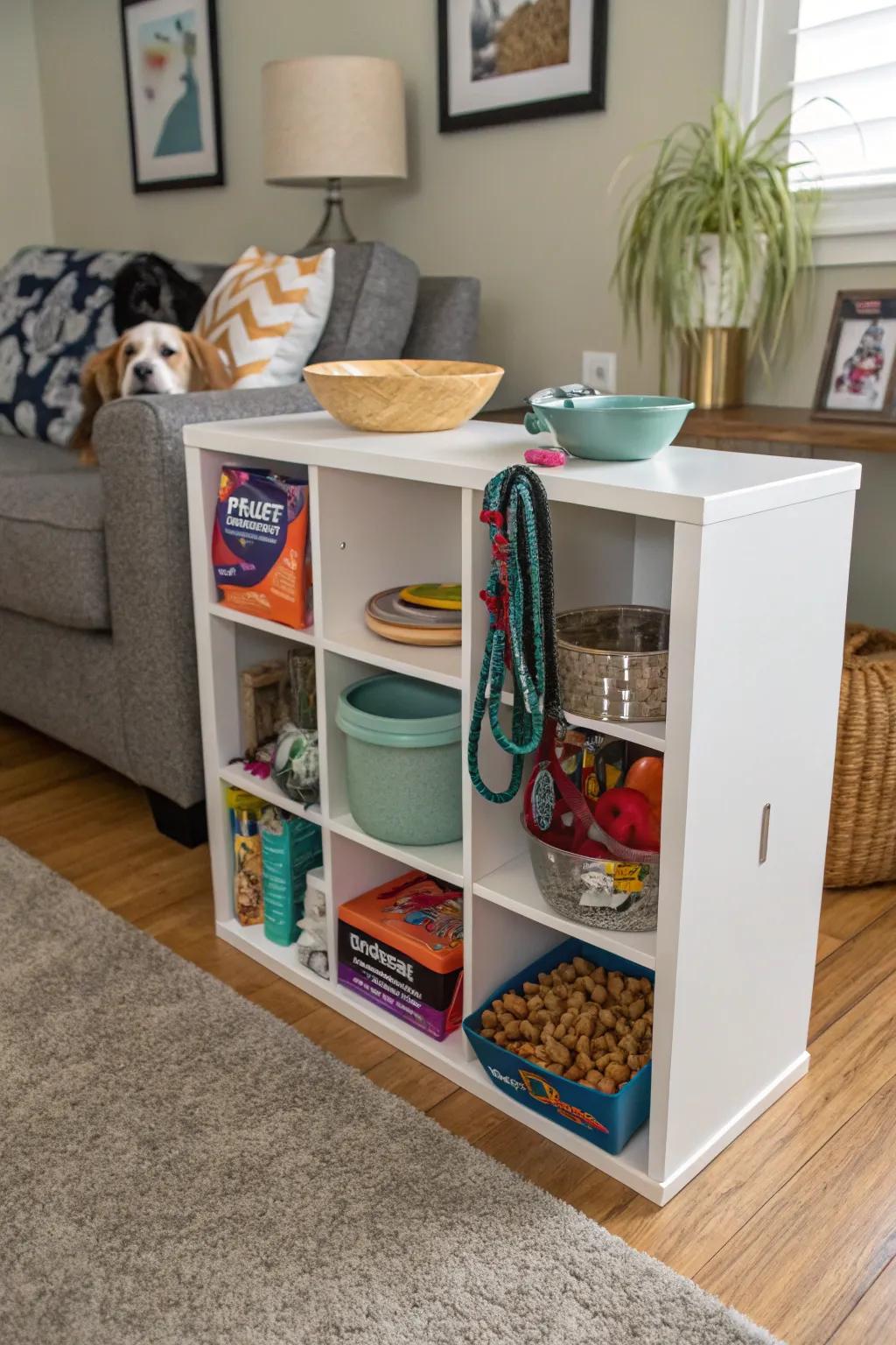 Pet-accommodating arrangement employing modular storage for a tidy home.