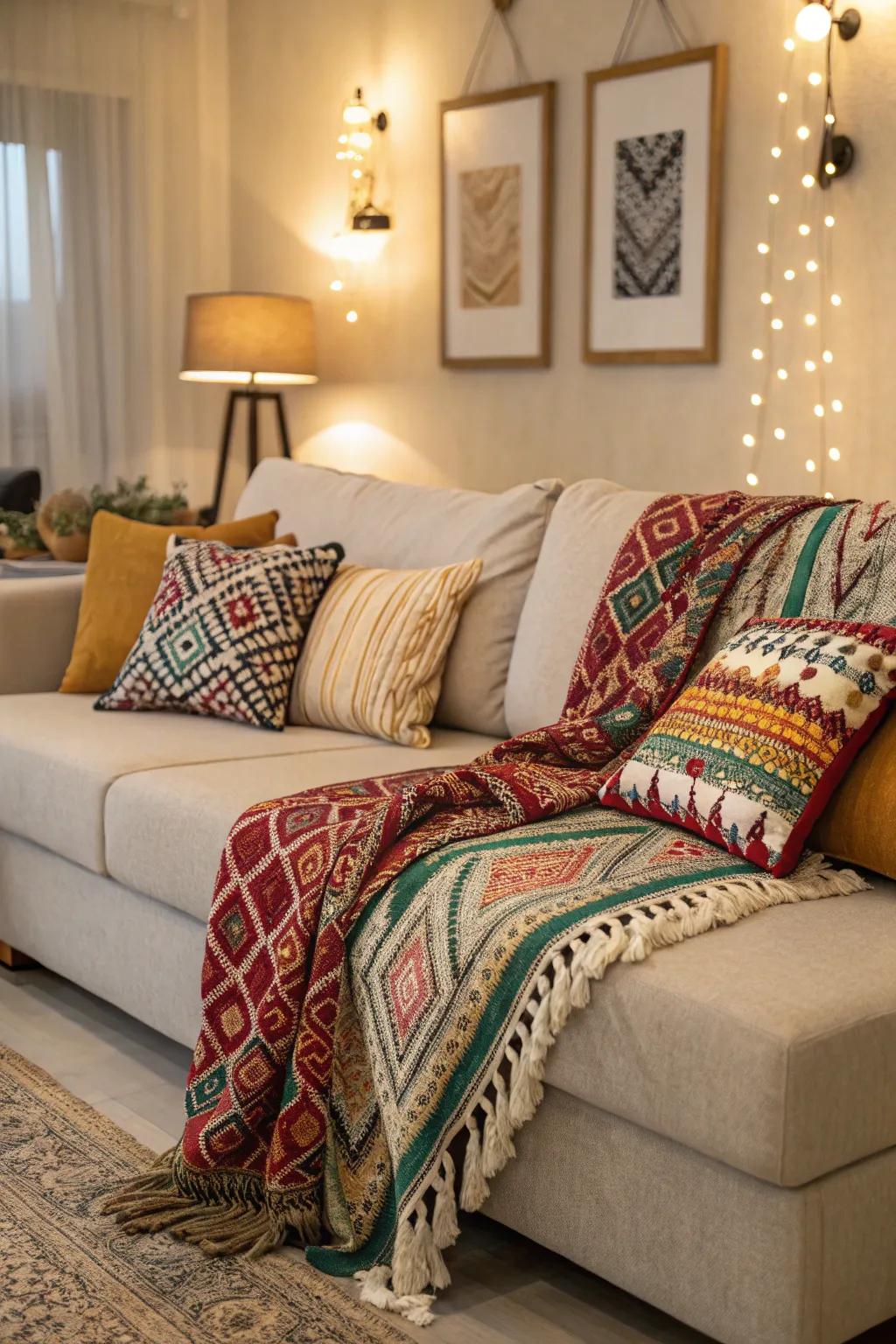Patterns on a sectional bring dynamic energy and visual interest to the space.