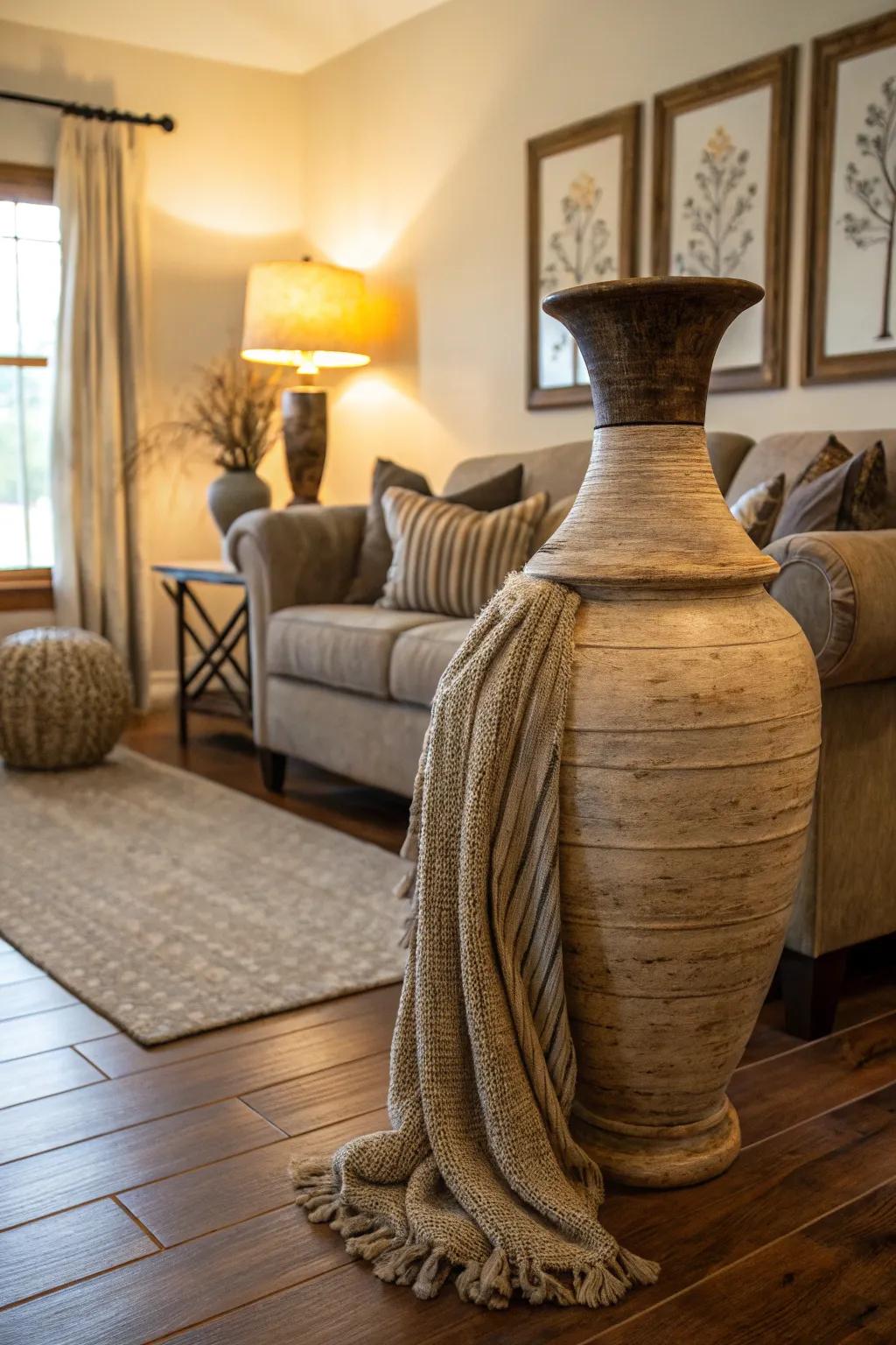 Embossed cloths draped over a vase contribute softness and a tactile element to aesthetics.