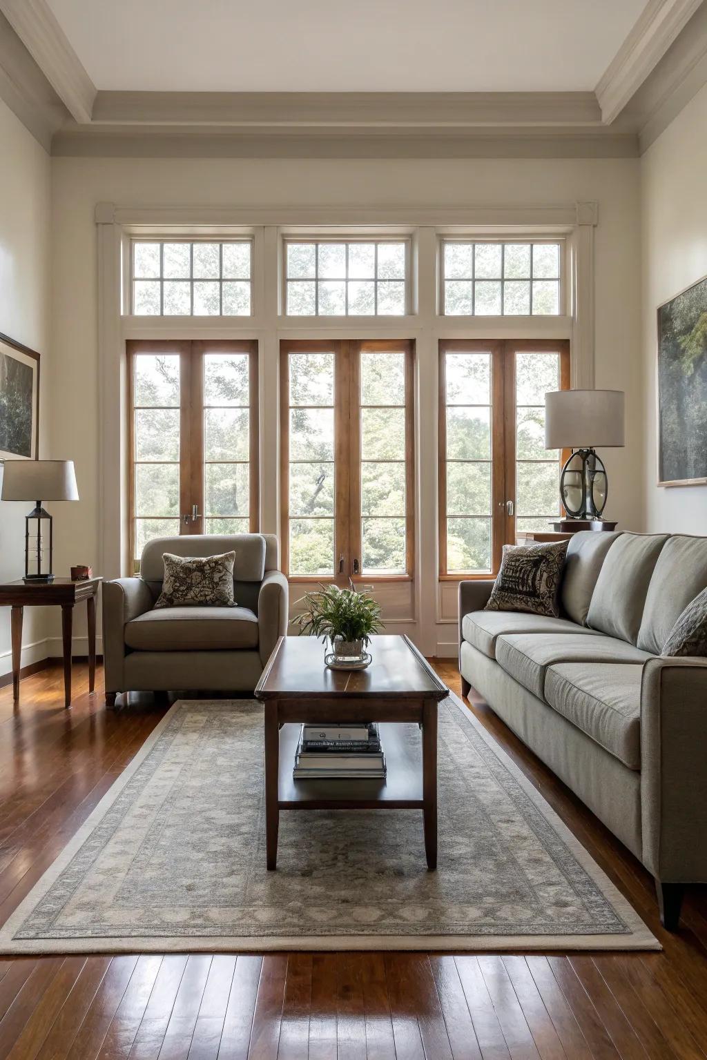 A balanced lounge featuring a symmetrical furniture layout.