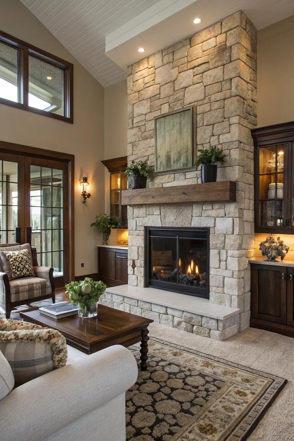 Stone and glass craft a stunning modern fireplace design.