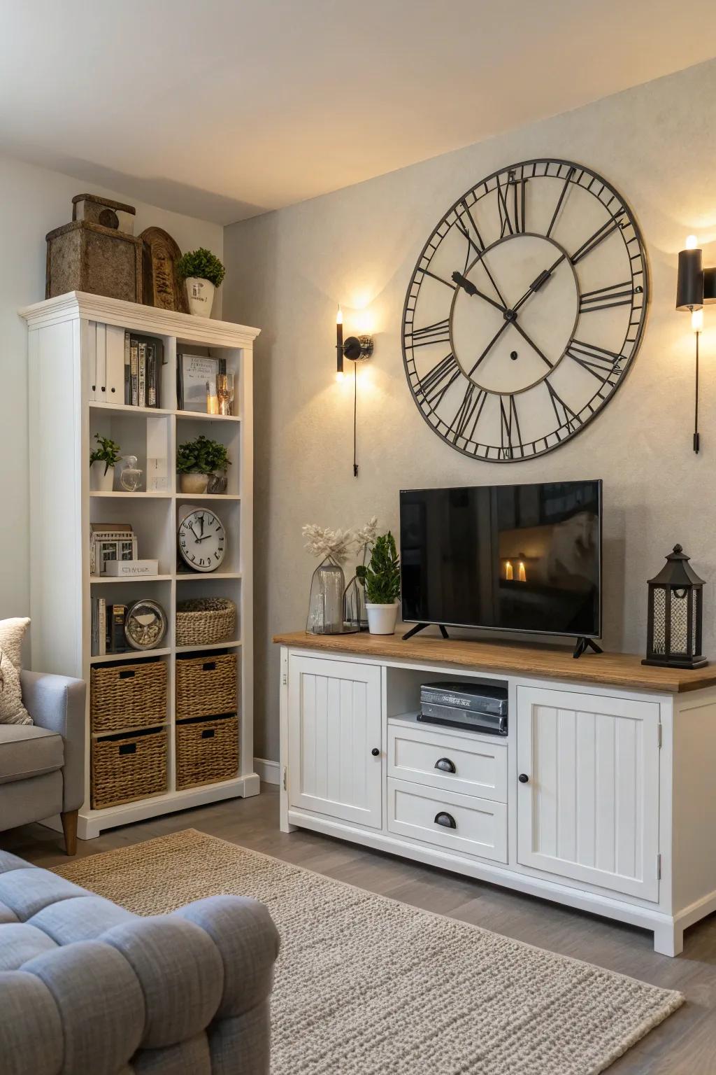 Practical decor paired with a wall clock maximizes style and utility.
