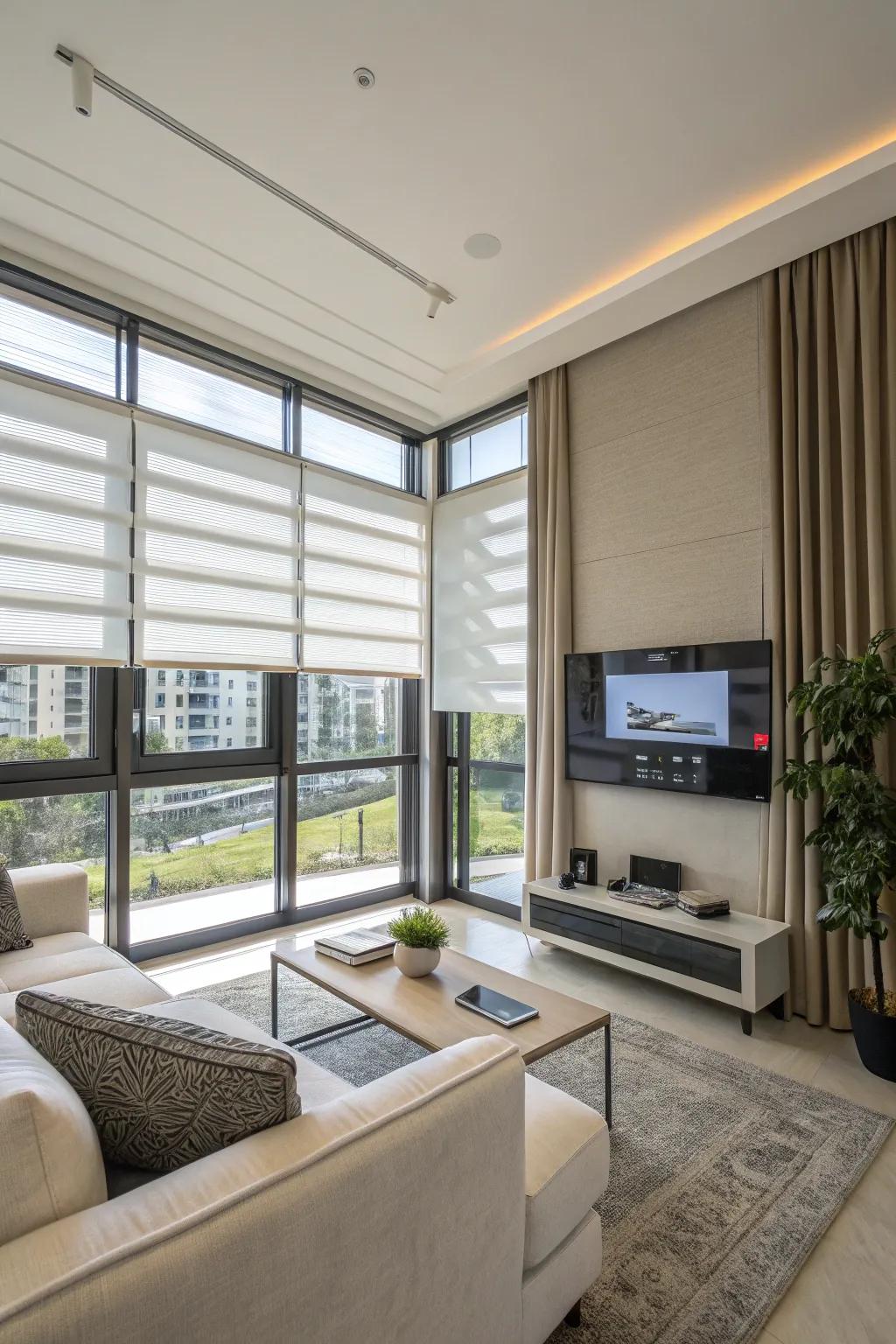 In a modern living area, smart blinds provide convenience and style.