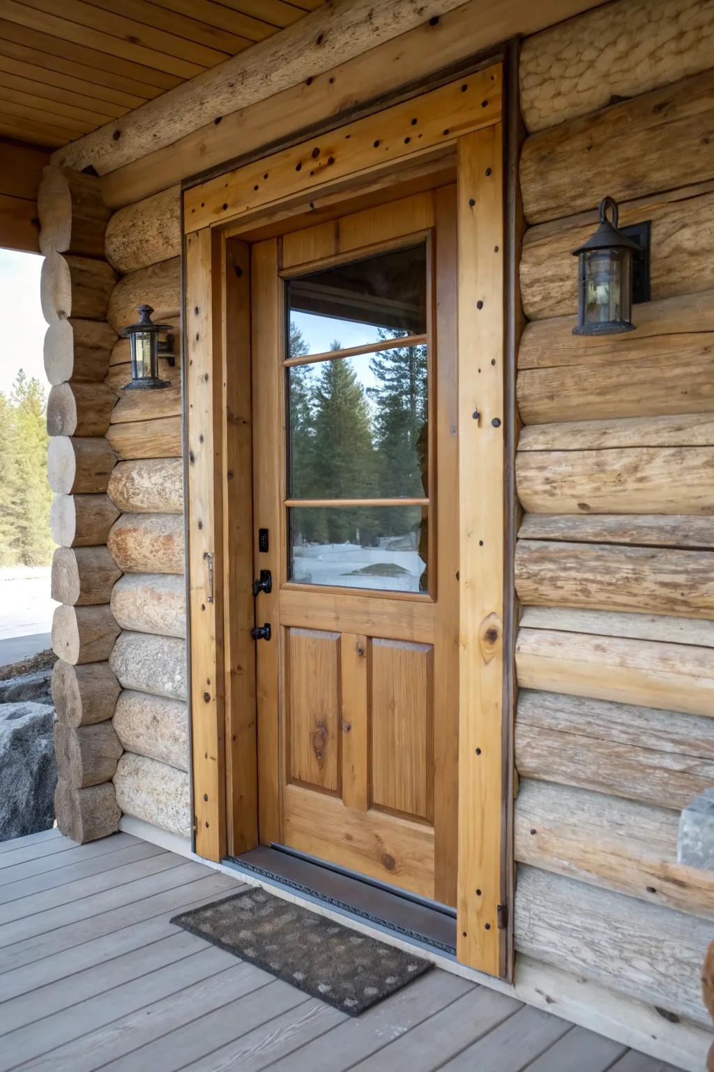 A log cabin door featuring a mix of wood and glass.