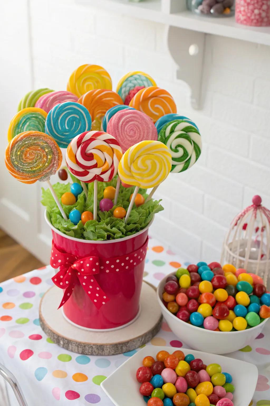 A layered treat and candy pop posy filled up with surprises