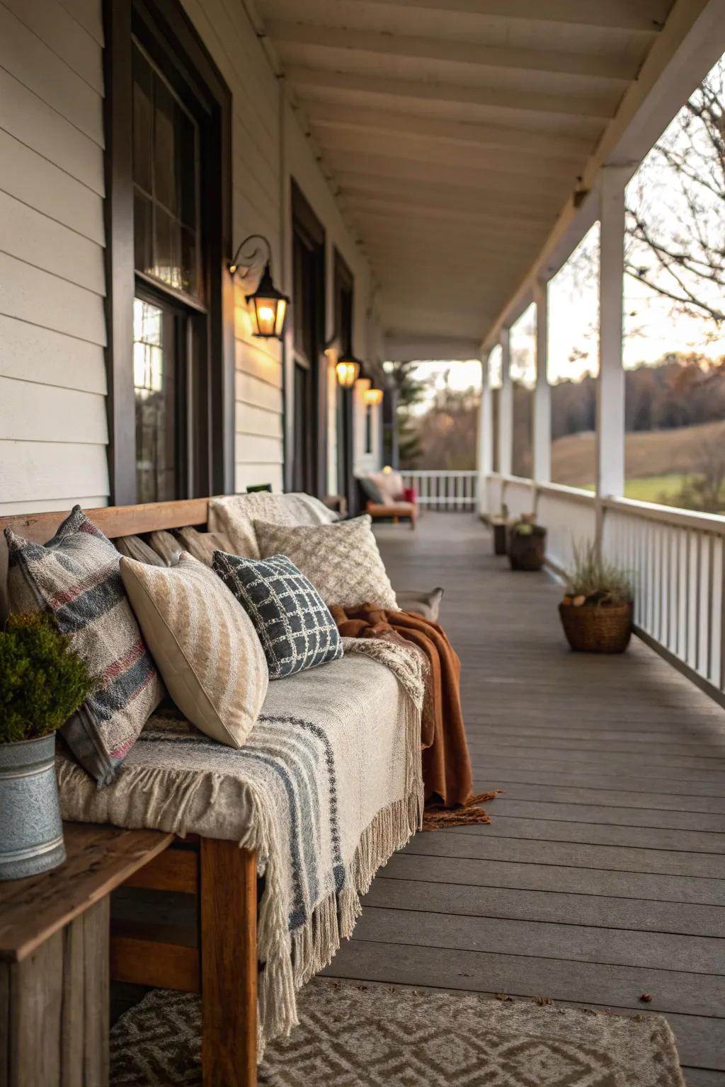 Delicate fabrics add comfort and warmth to a porch.