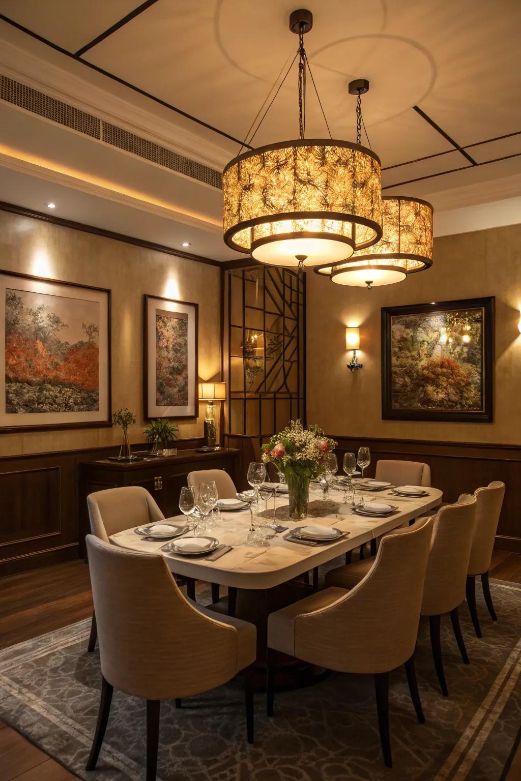 Dimmable lights offer versatility in a dining room.