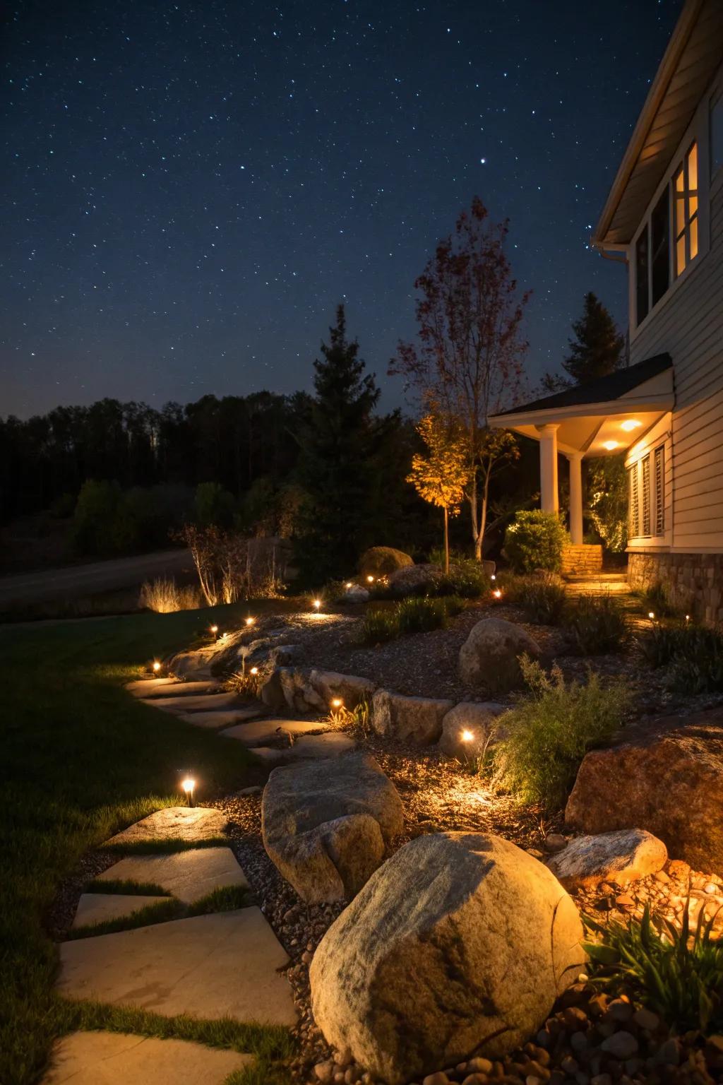 Accent lighting enhancing stone features at night.