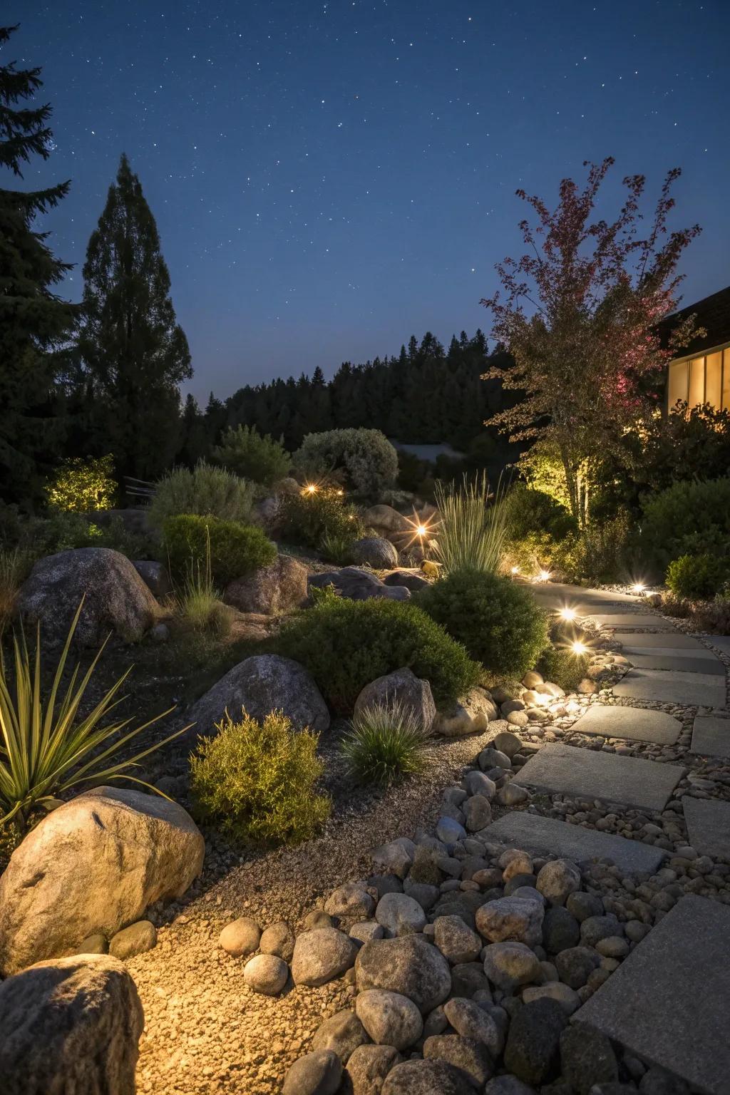 Night lighting makes a rock garden look magical.