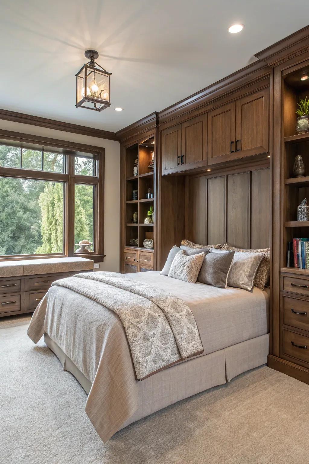 A deluxe bedroom featuring personalized storage for a seamless design.