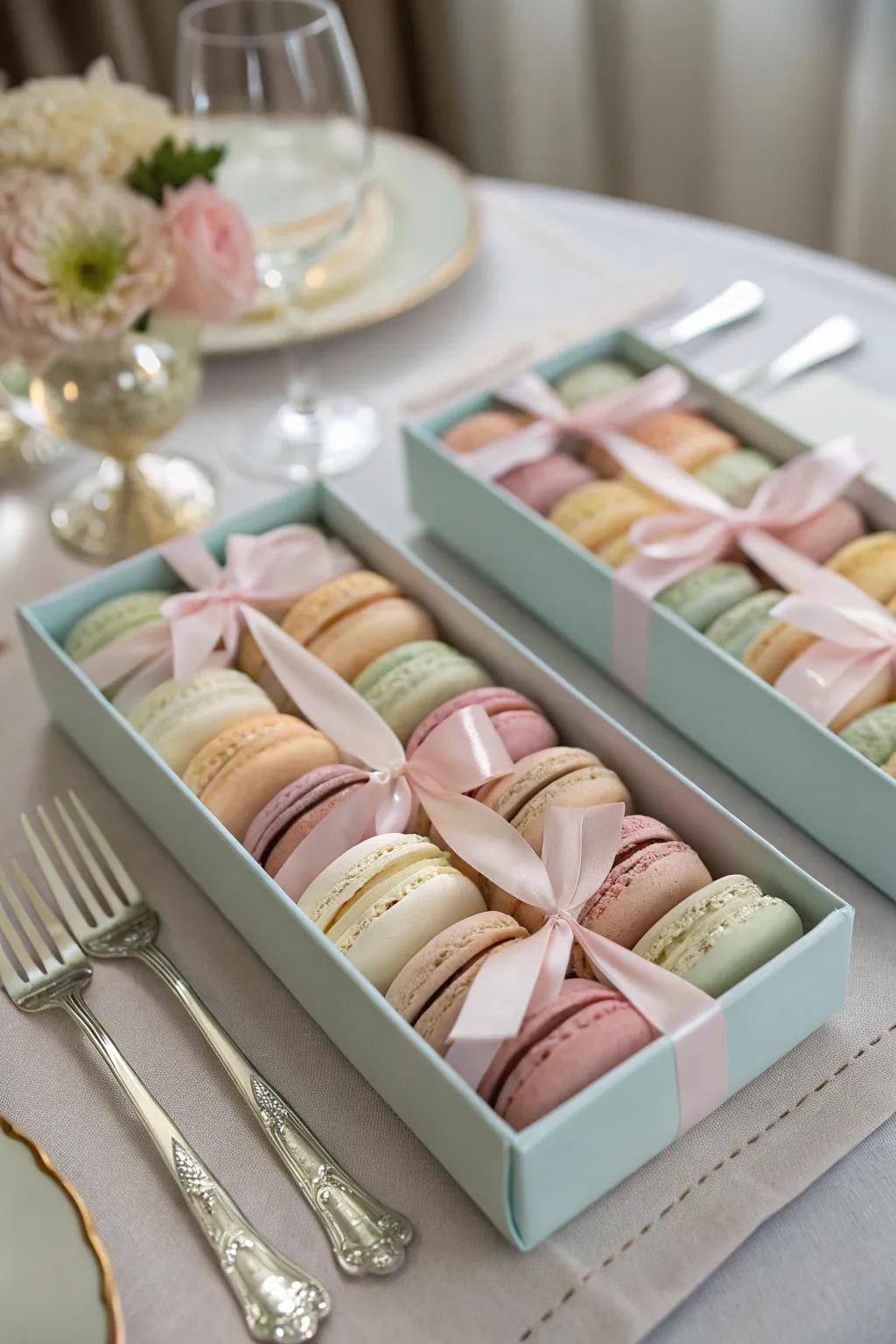 Elegant macarons in boxes, adorned with ribbons.