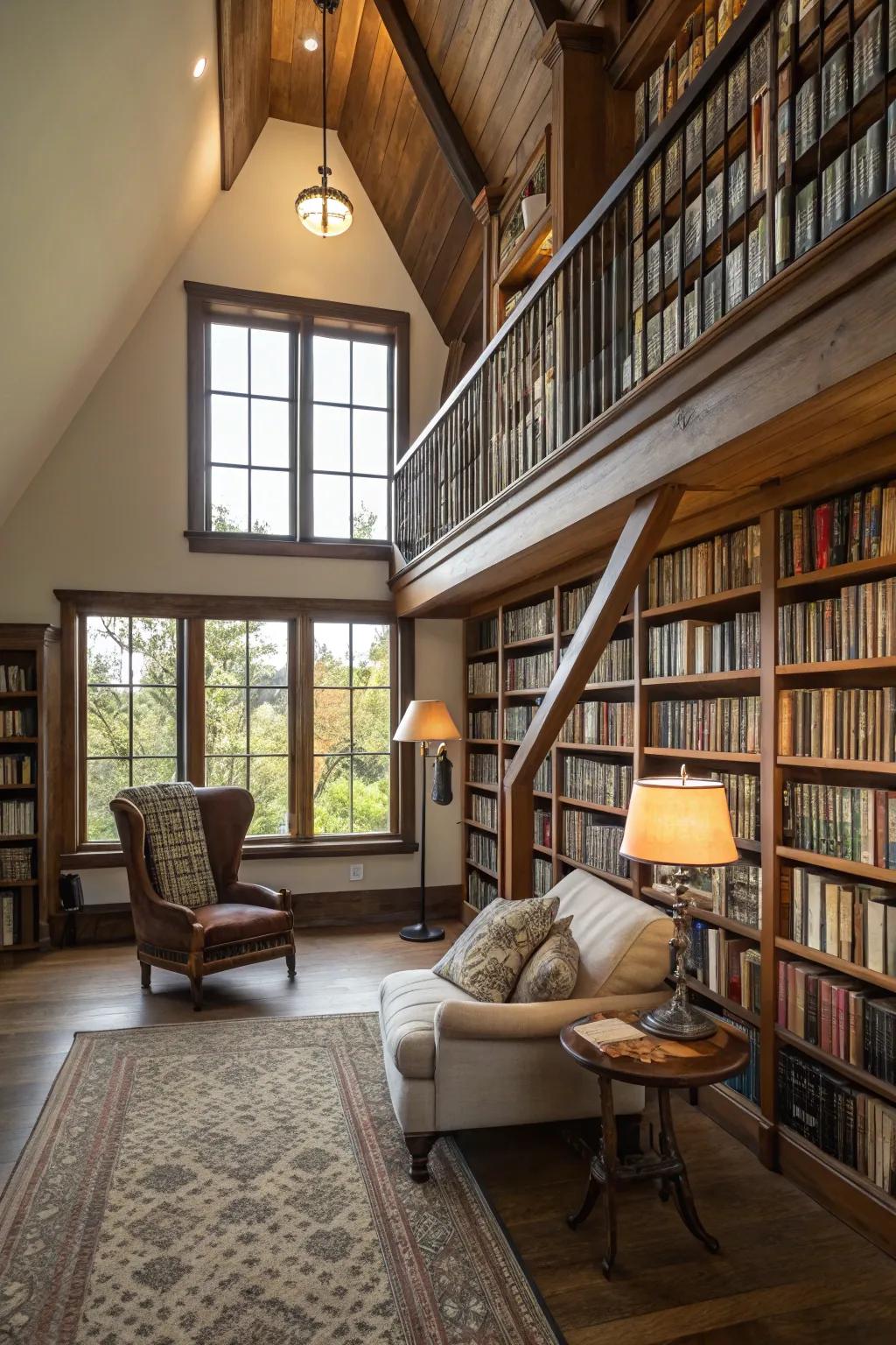 Reach new heights of knowledge in a loft library filled with books.