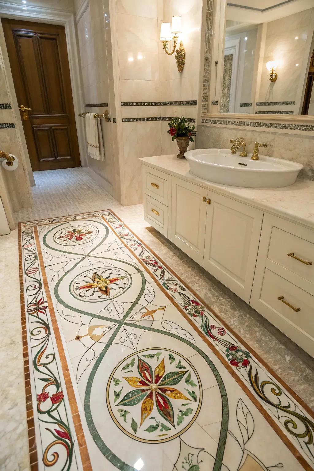 Artistic marble inlays introduce a custom, artistic flair.