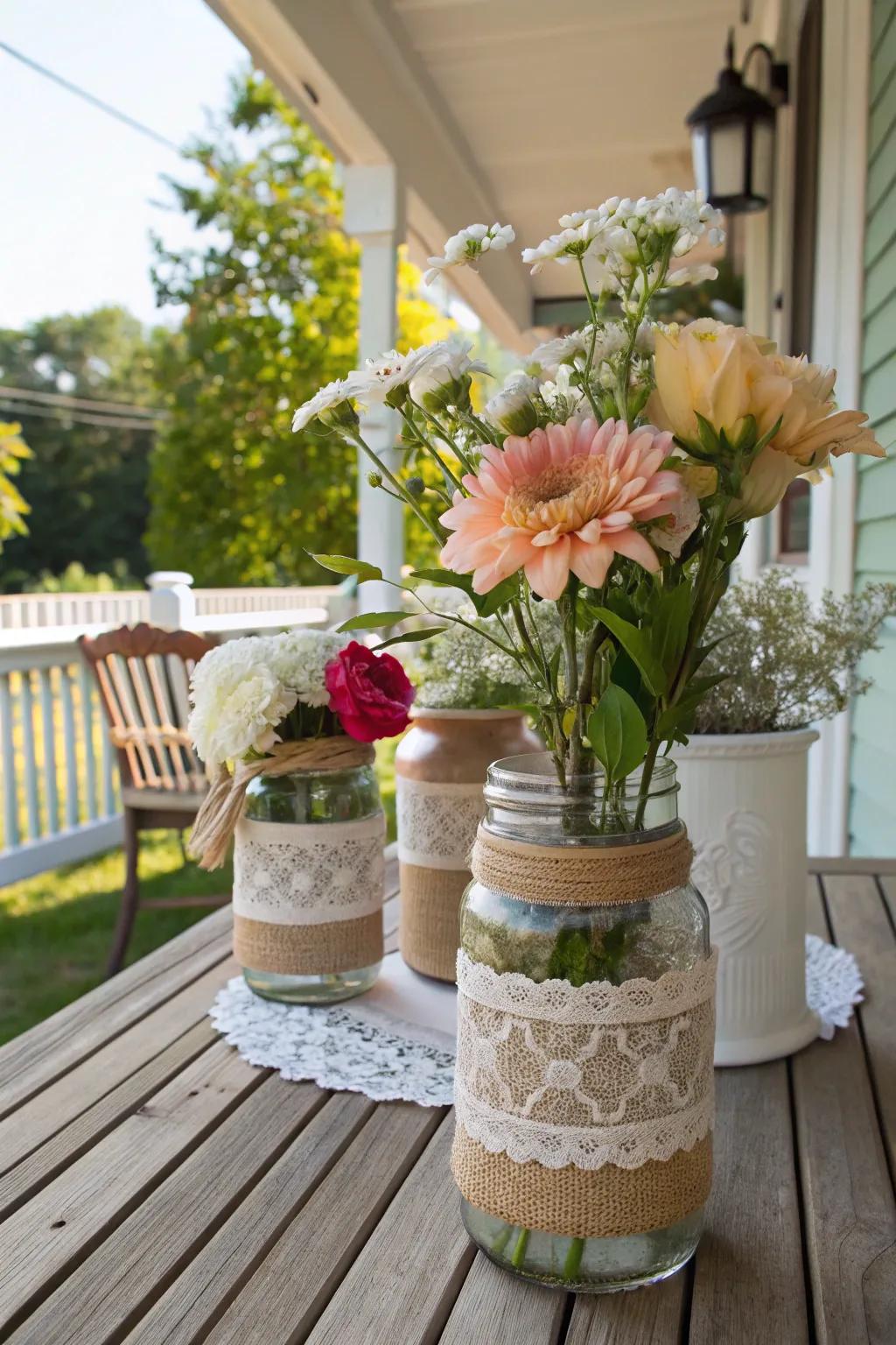 Rustic elegance with rough fabric-wrapped preserving jars.