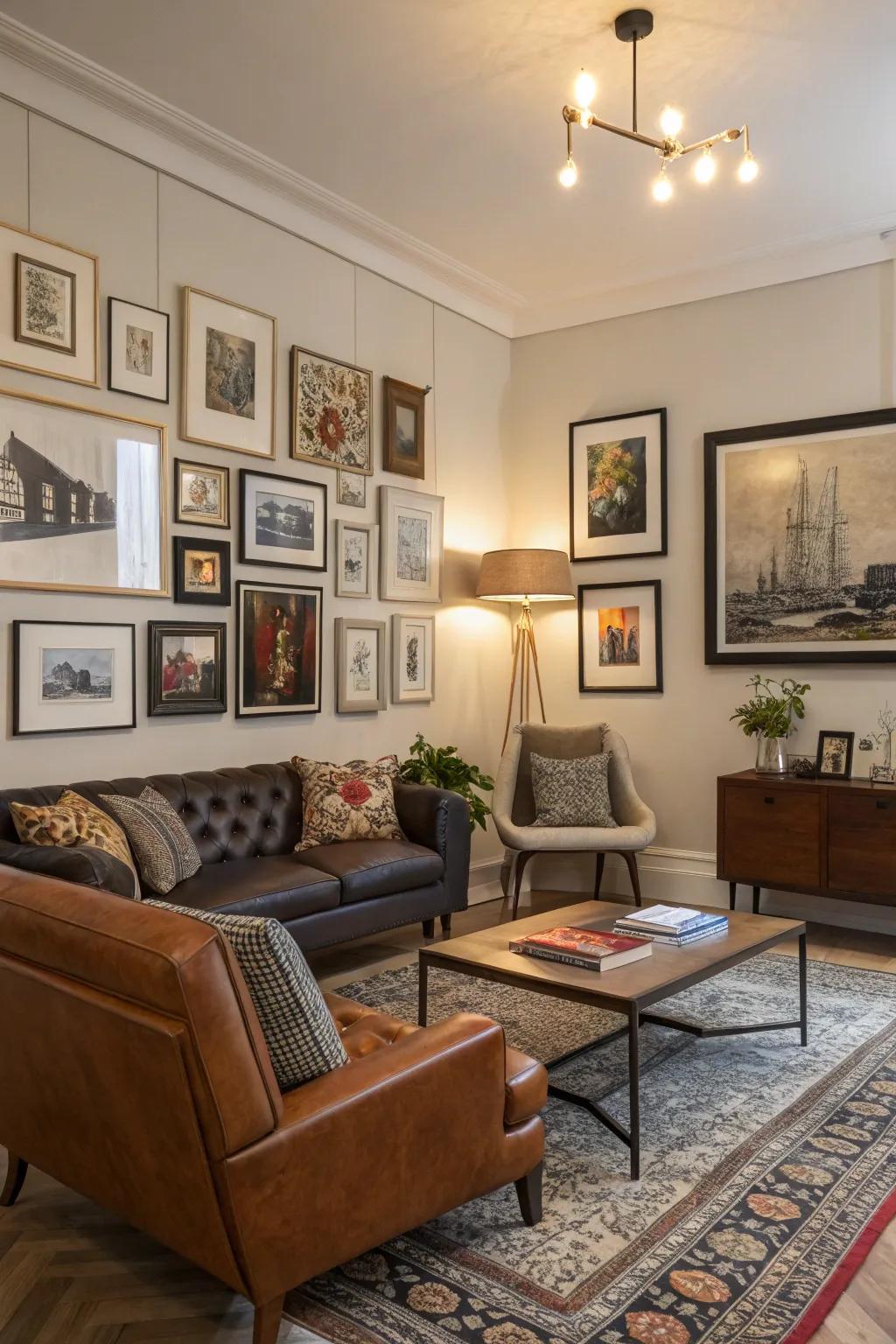 A gallery wall offers a dynamic approach to personalize the space.