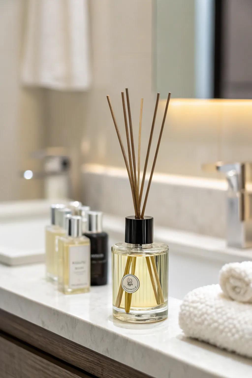 A reed air freshener appends fragrance and flair to the bathroom.