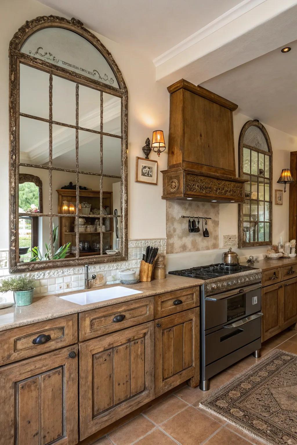 Patina-finished mirrors adding charm and warmth to the kitchen.