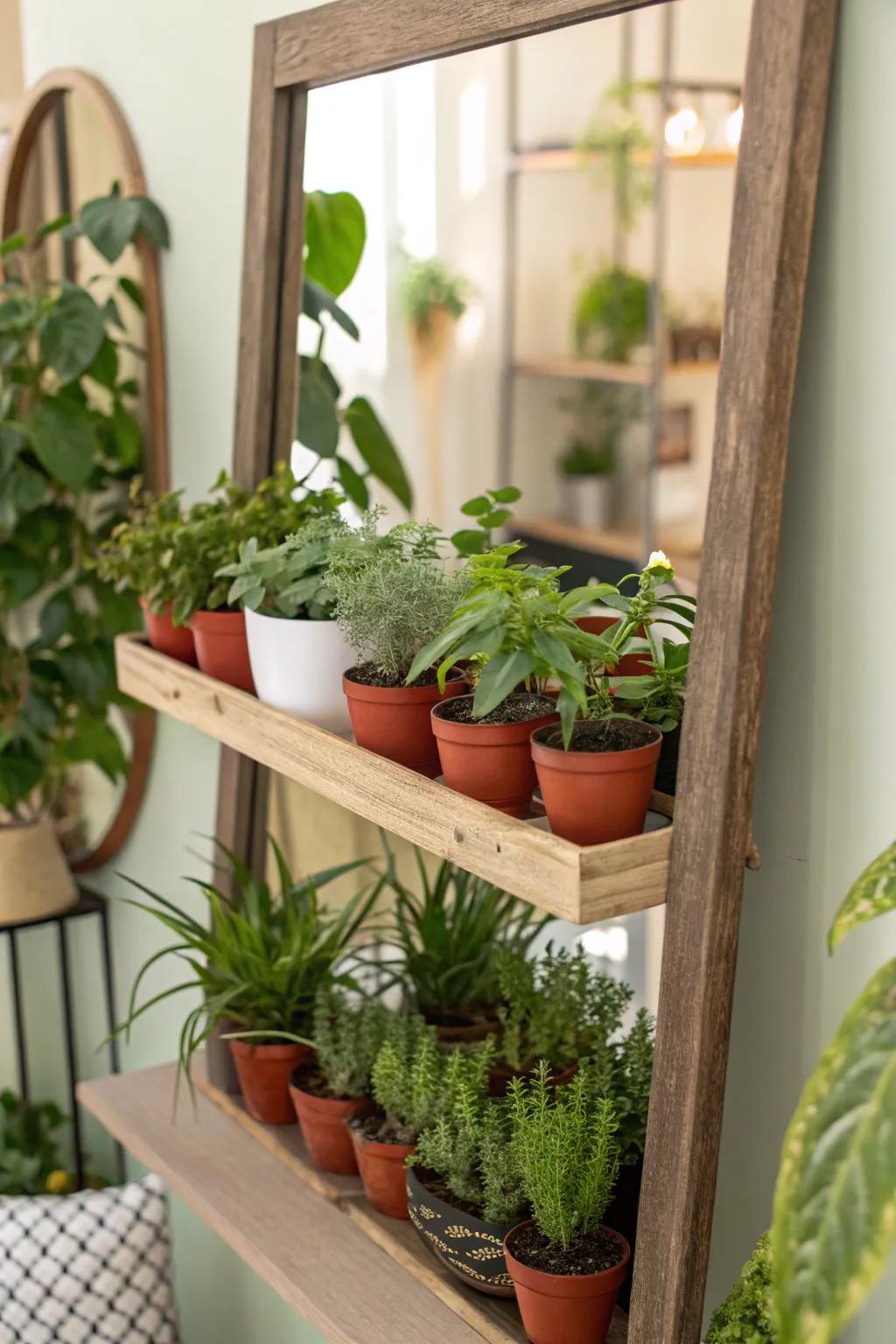 An inventive mirror featuring a plant shelf to achieve a hint of nature indoors.