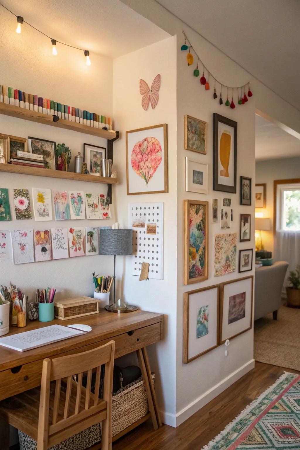 The gallery wall's personalized feel is enhanced by original artwork.