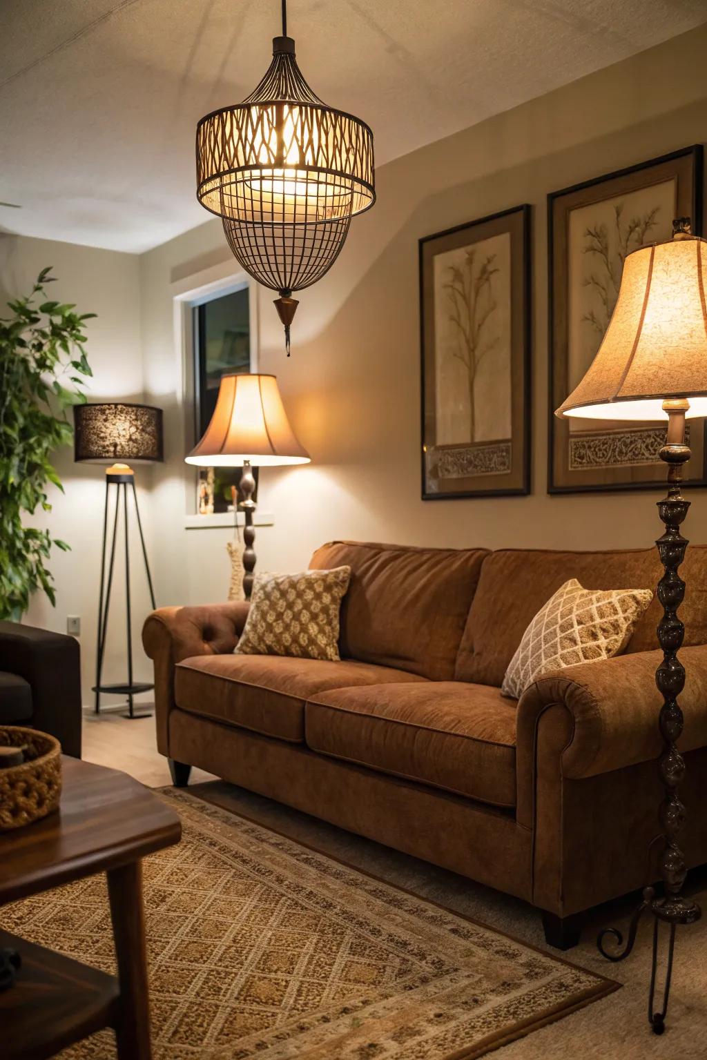 Layered illumination adds versatility and mood setting options near the cocoa sofa.
