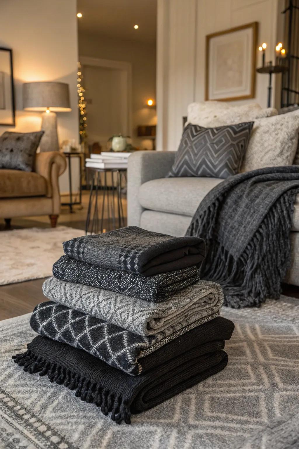 Layered textiles in dark and gray add depth and coziness.