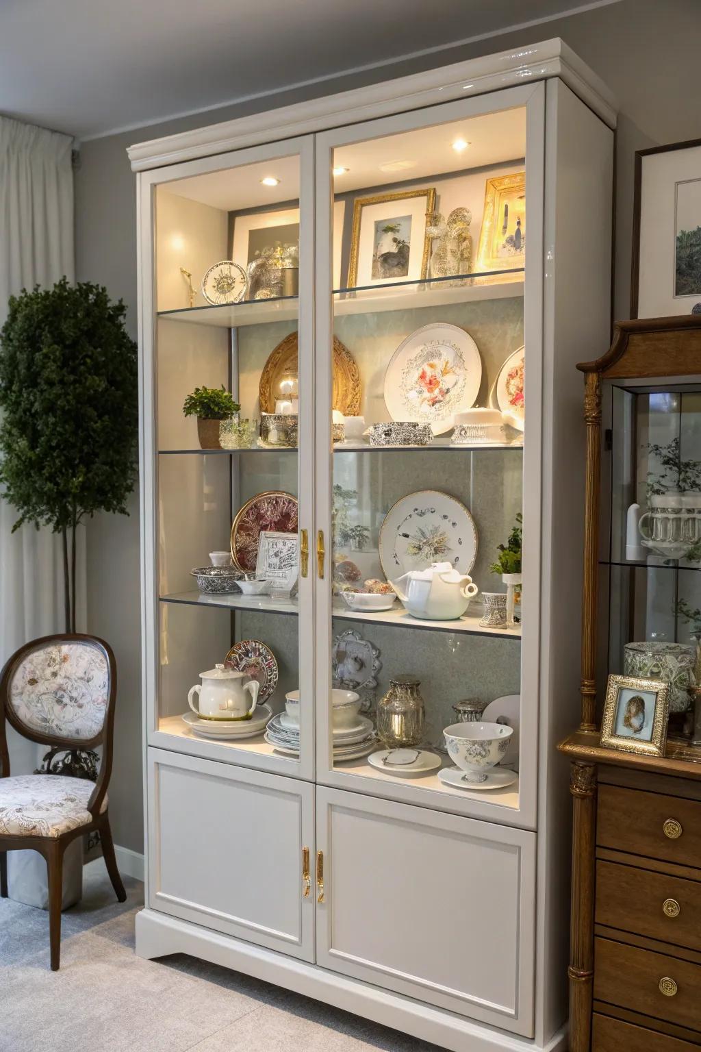 Personal mementos add character to a display cabinet.
