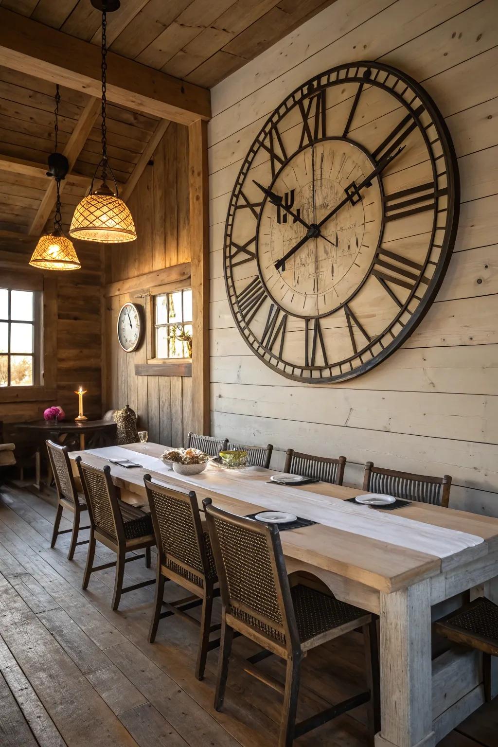 An oversized wall clock contributes vintage charm and functionality.