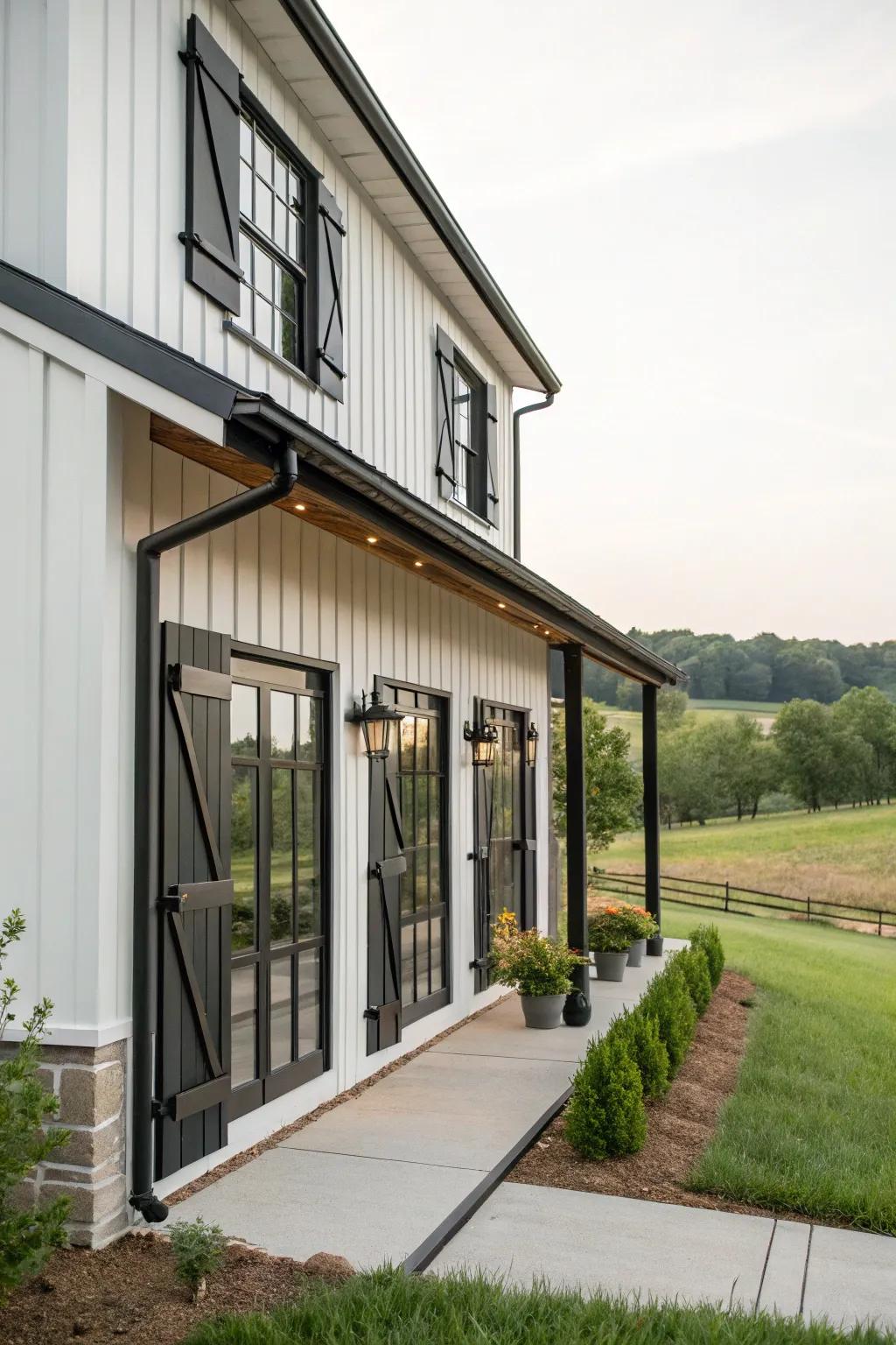 Charming details: Window shutters that enhance the farmhouse's rustic allure.