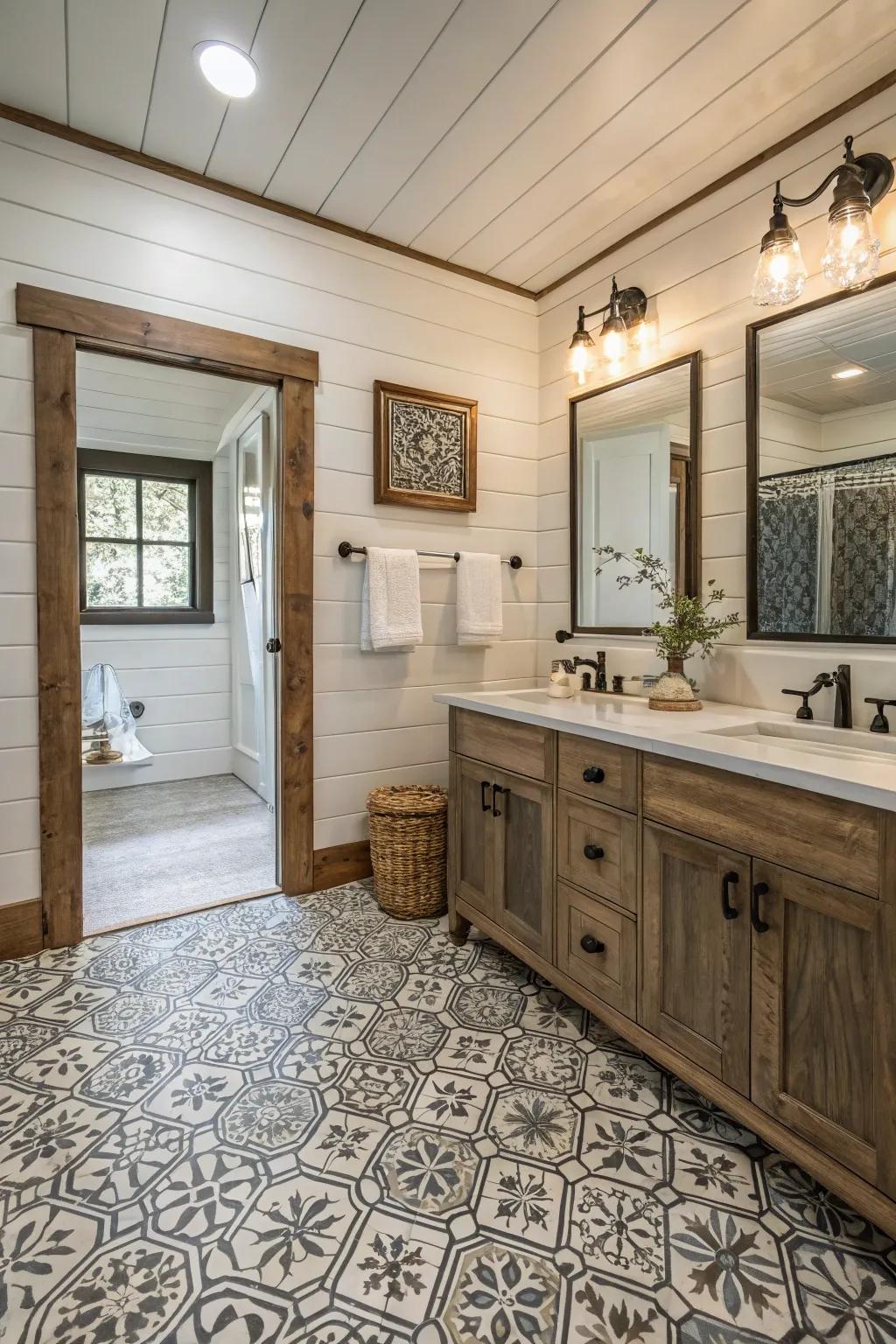 Patterned tiles contribute visual intrigue and allure to this contemporary farmhouse bathroom.