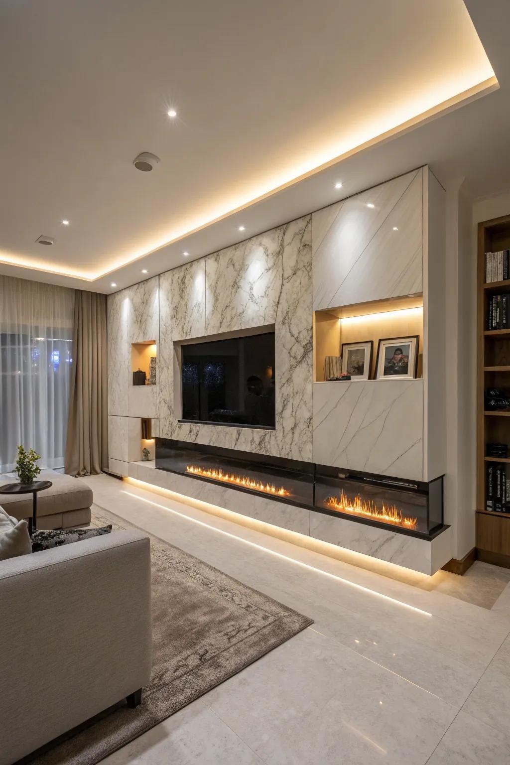 An uninterrupted media partition blends the TV and fireplace for a unified appearance.