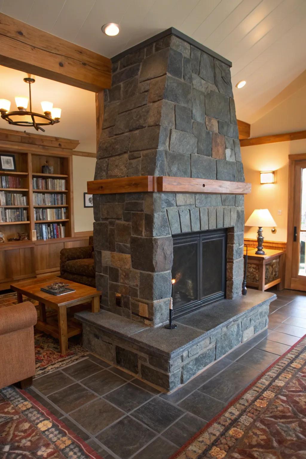 Country charm emanates from this stone tile fireplace.