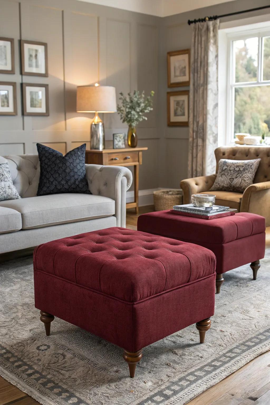 Living area featuring carmine upholstered stools and neutral toned décor.