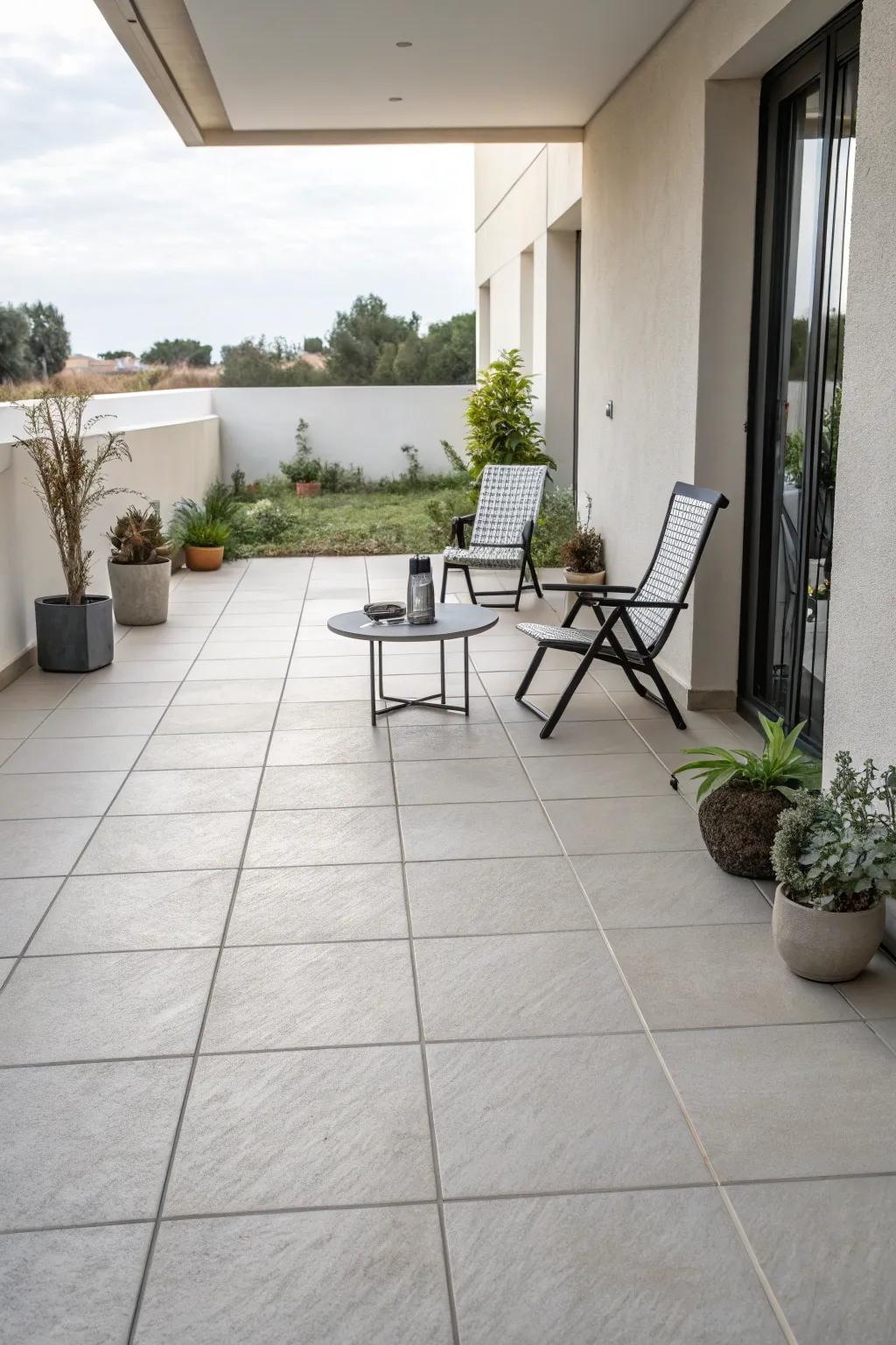 Large tiles provide a seamless, luxurious patio look.