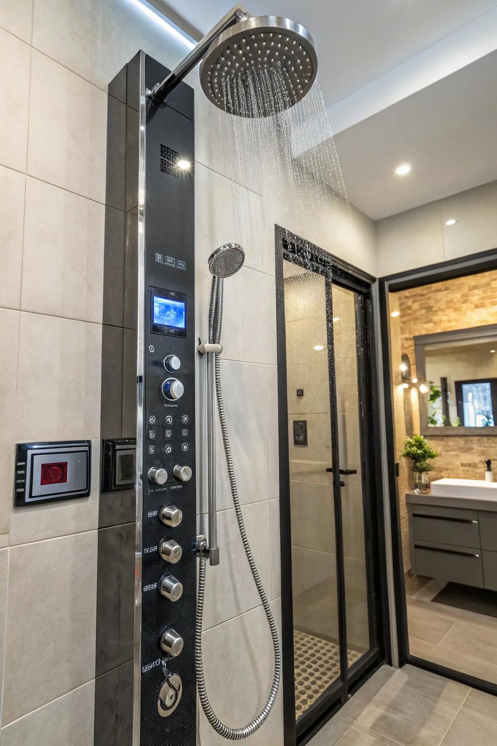 A contemporary shower furnished with ingenious technology, thus facilitating an elevated encounter.