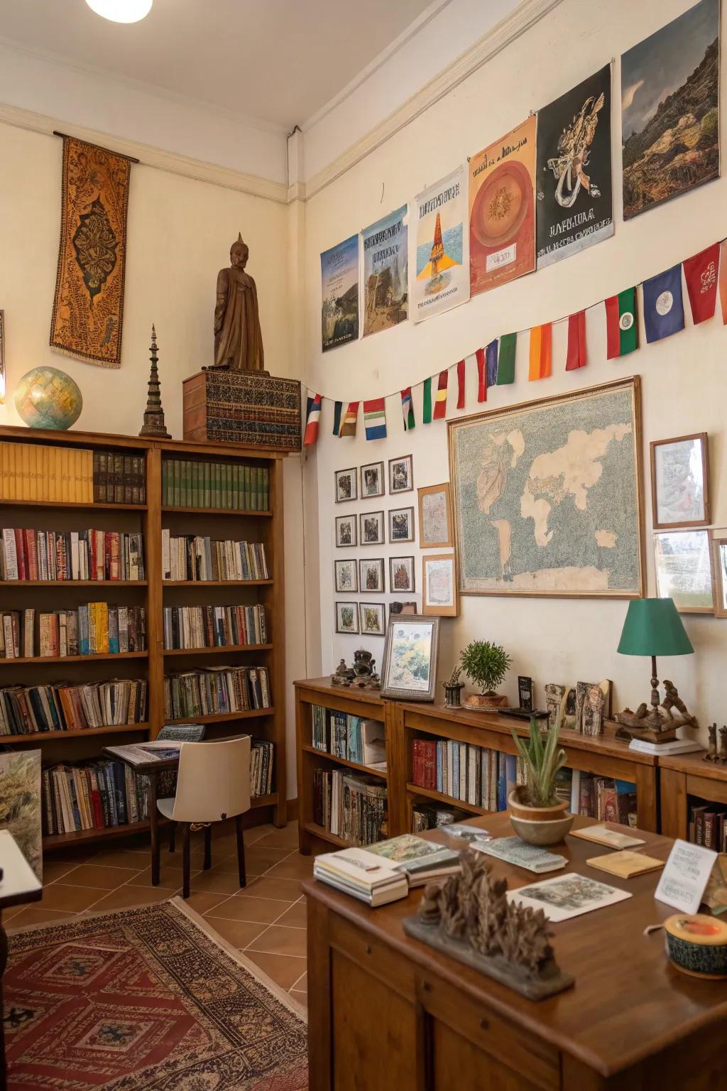 A study with travel inspired decor.