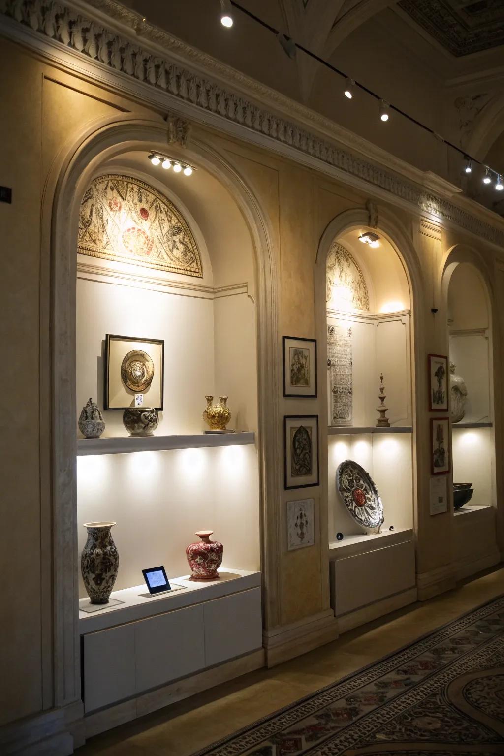 A wall niche with directional lights, accentuating art pieces for an exhibit-like effect.