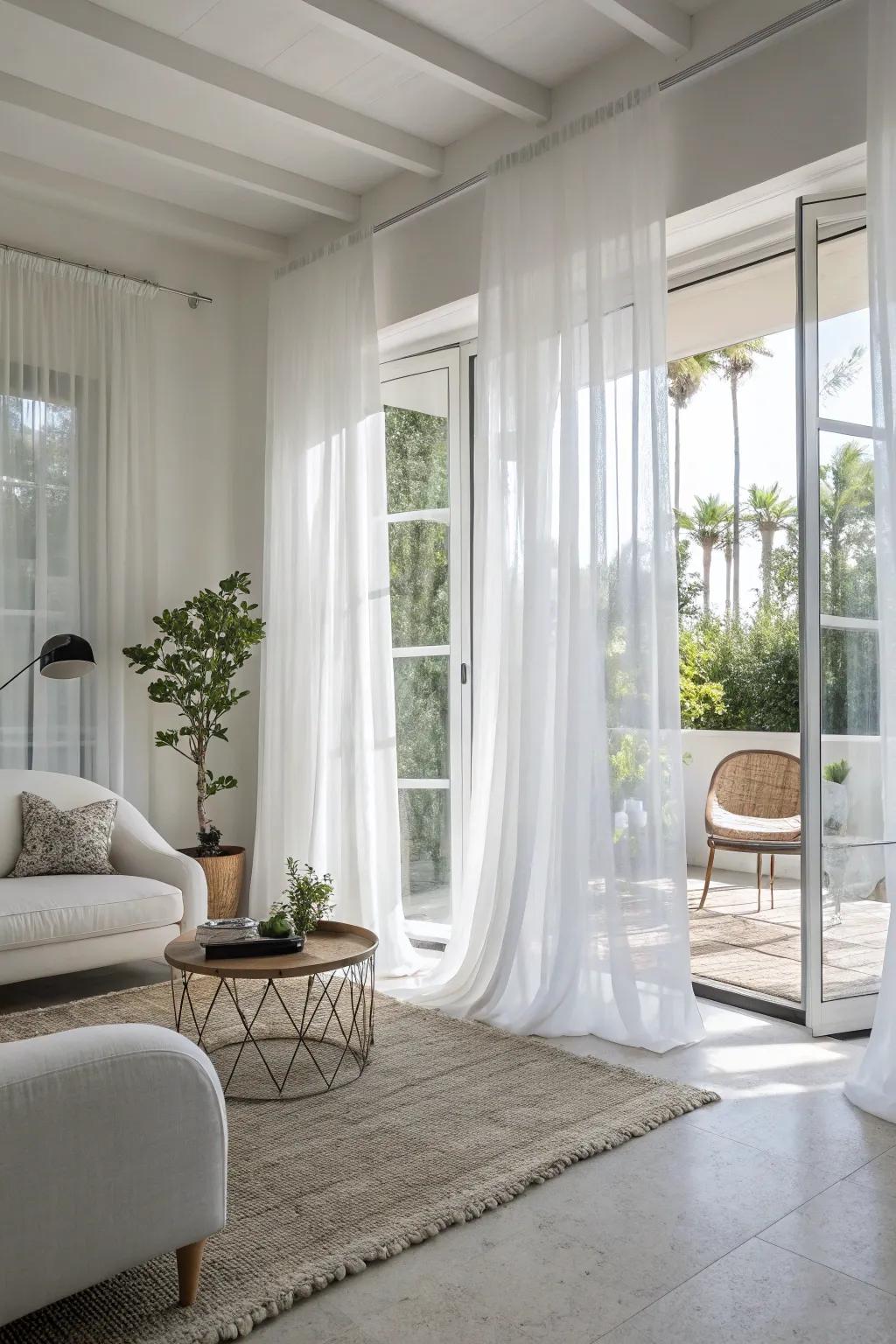 Sheer curtains add softness to a modern white living room.
