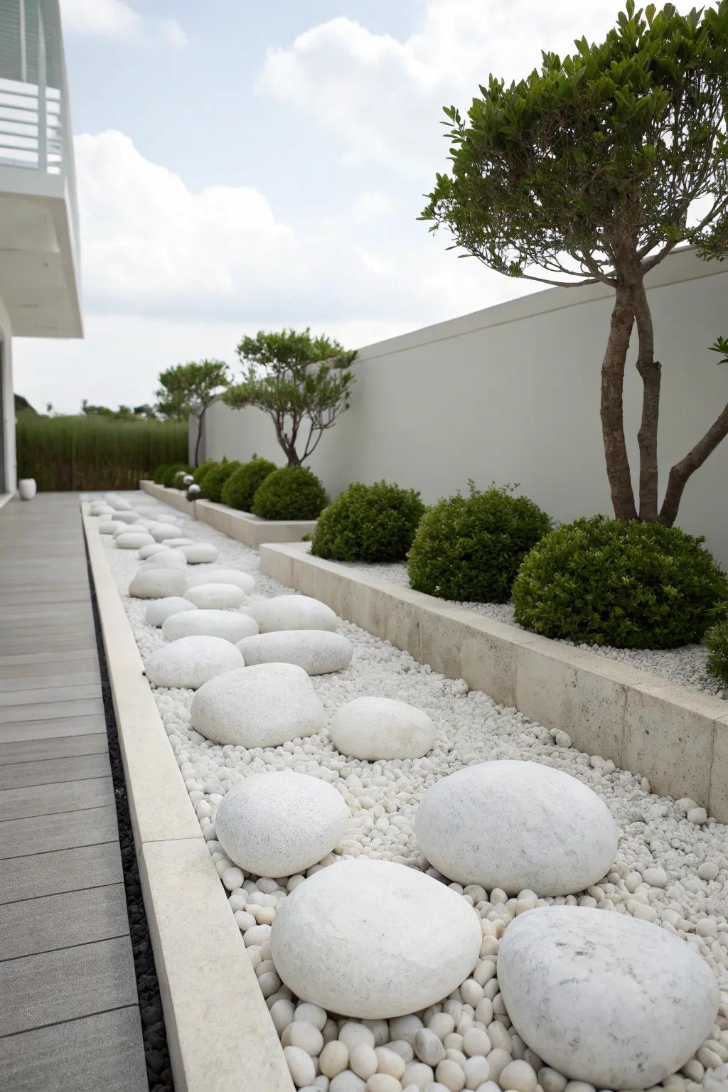 A simple garden design featuring white stones, creating a serene and uncluttered space.