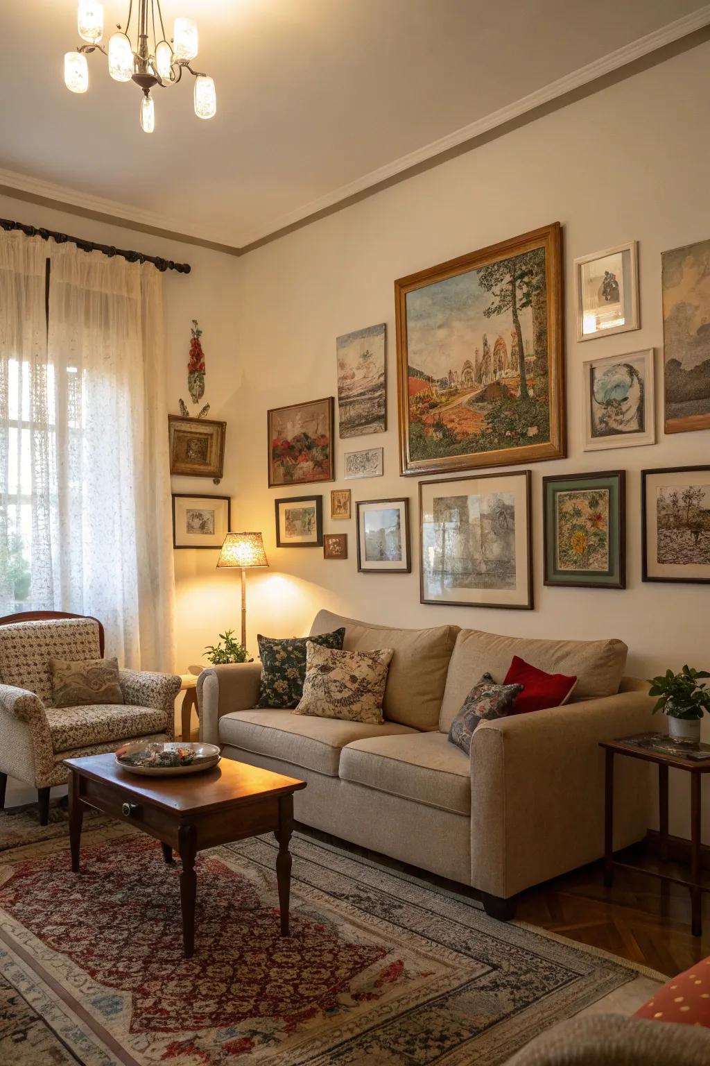 Artwork adding depth to a calmly lit living room.